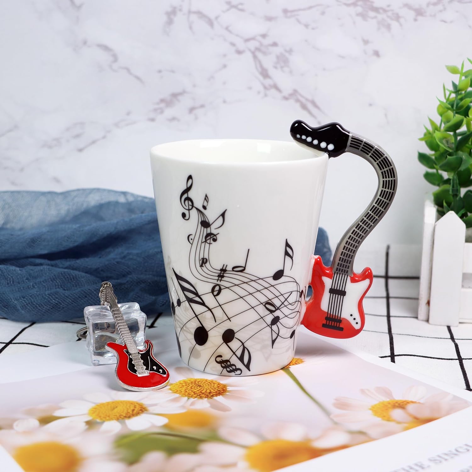 Red Guitar Music Note Coffee Mug - 13.5 Ounce Ceramic, Gift for Musicians, Guitar Keychain Included - Image 7