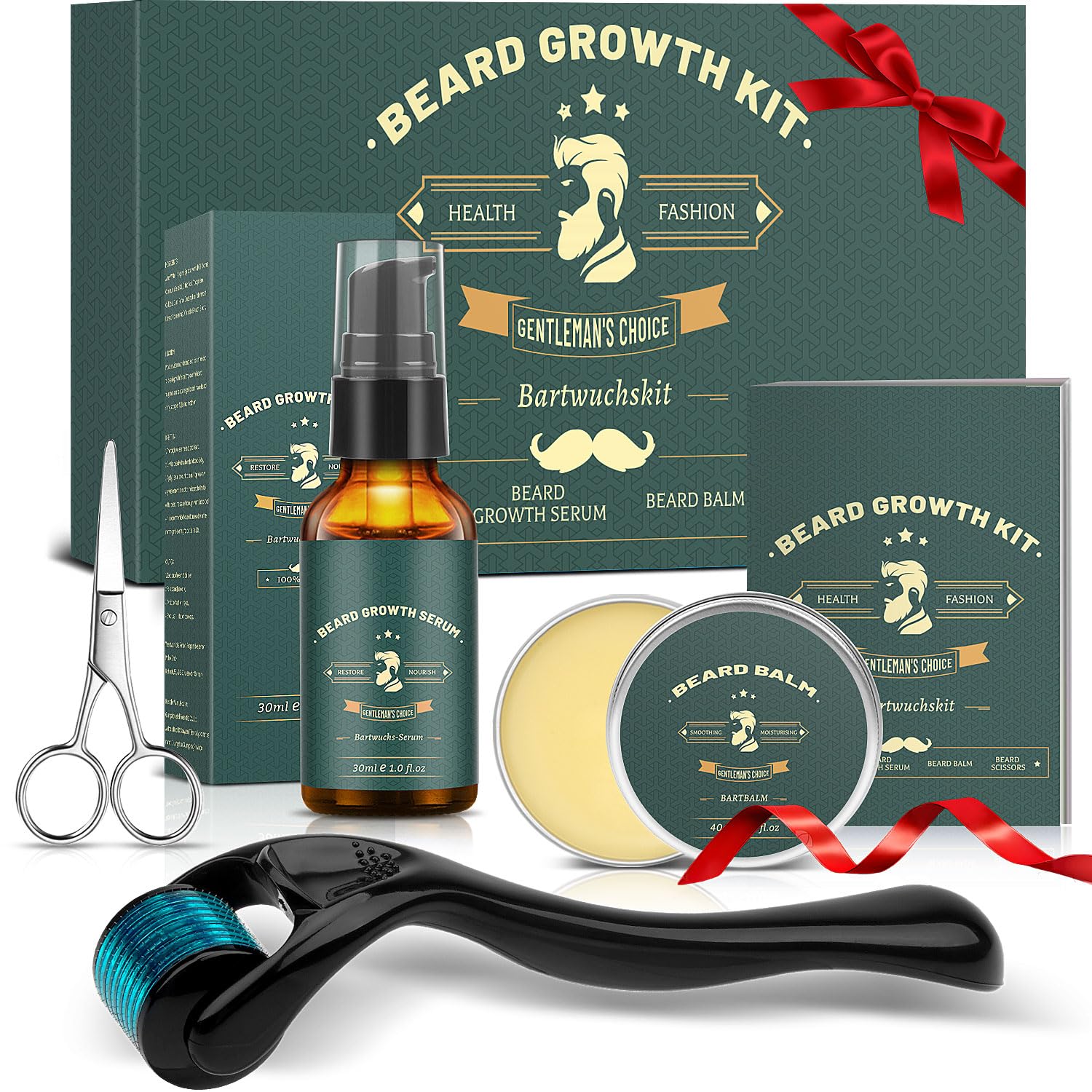 Beard Growth Kit, KHOLEZ Bartpflege Set für Männer - Geschenke für Männer - Dermaroller Bartwuchsmittel Männer mit Bartroller 0,25mm, Bartöl, Bartbalsam, Bartschere, Geburtstagsgeschenk für männer