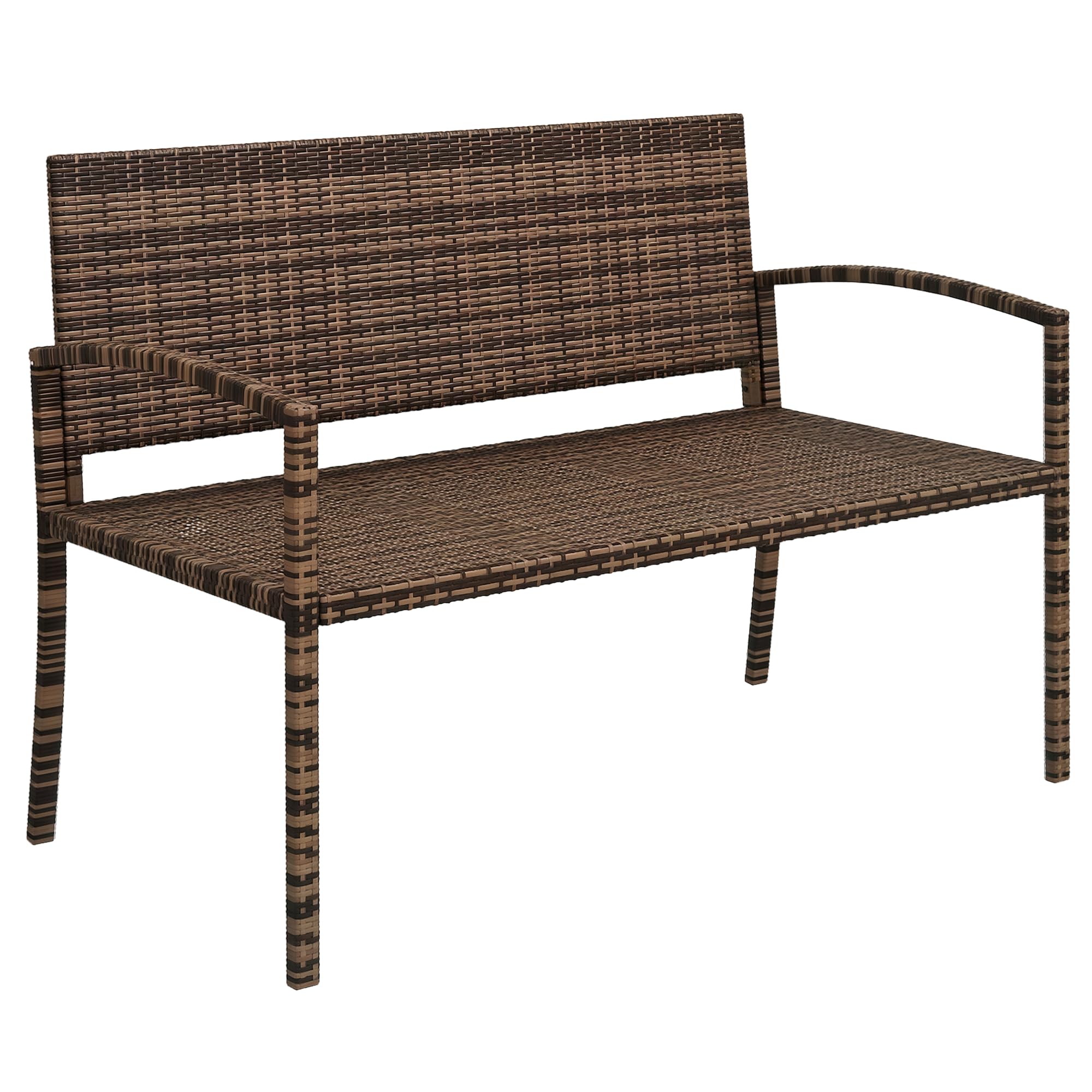 Outsunny 2 Seater Poly Rattan Garden Bench, All Weather Wicker Garden Loveseat, Outdoor Seating Bench with 240 Load Capacity, Backrest and Armrests for Patio, Terrace, Balcony, Brown