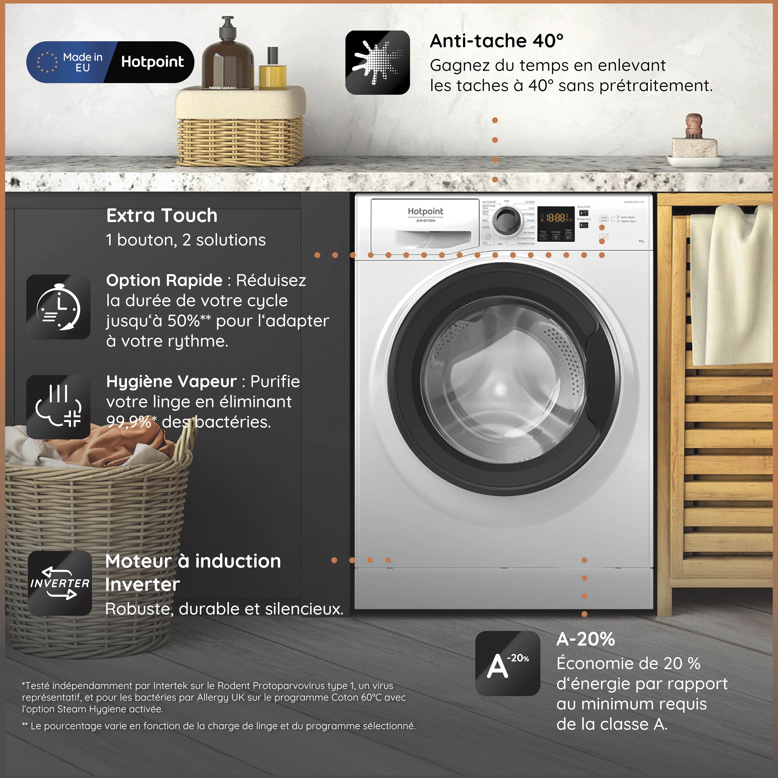 Hotpoint - NS8489WKFR Lave-linge Hublot Posable - Capacité 8kg - Essorage 1400 tr/min - Écran Digital, Pesée Automatique - H 85 x L 59,5 x P 60,5 cm - Classe Énergétique A - Blanc