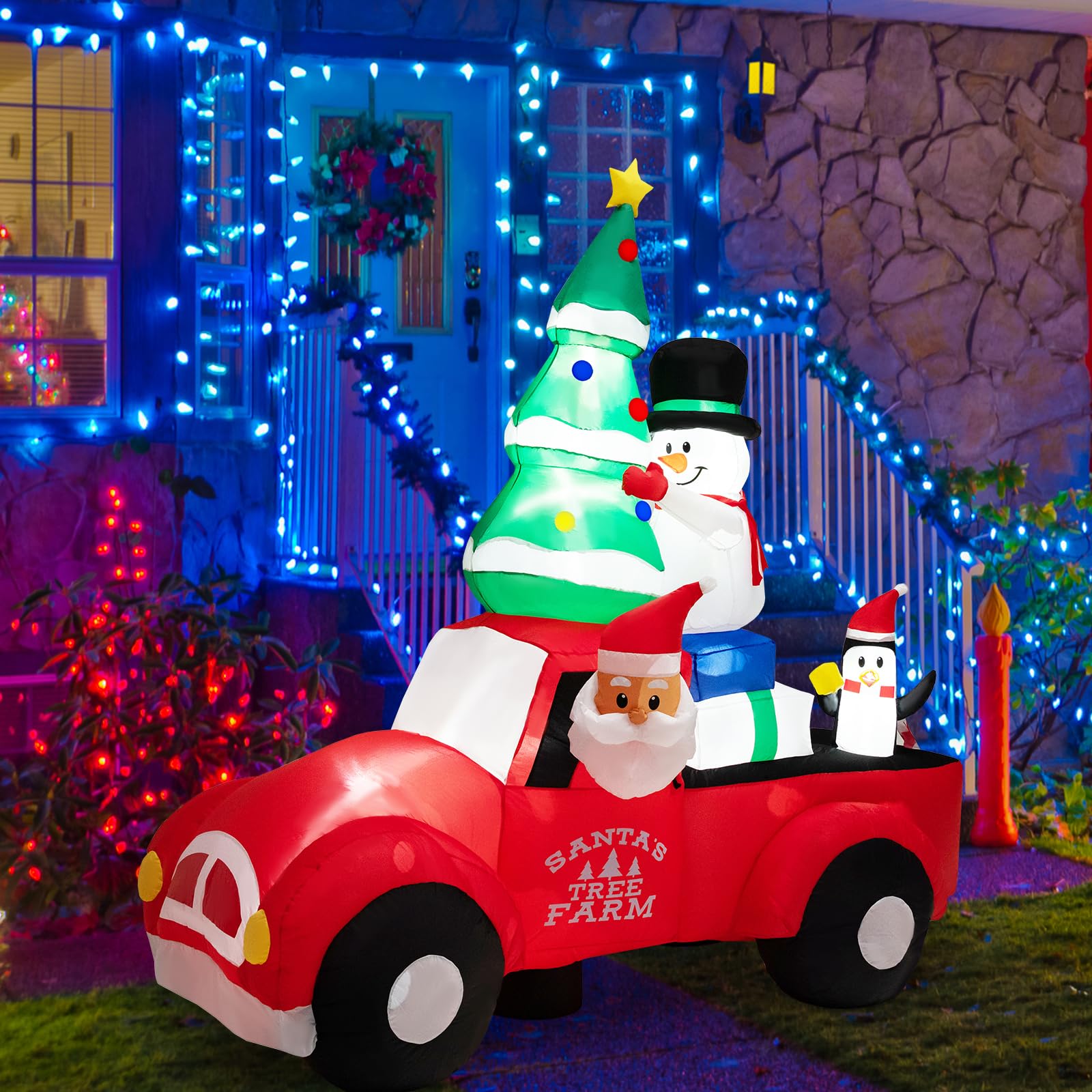 SOARS Decorazioni Natalizie, Babbo Natale Gonfiabile in Auto 240 CM, con Regalo, Pupazzo, Albero, Pinguino, Luce LED Incorporata, Addobbi Natalizi per Esterno Interno per Casa, Giardino, Cortile