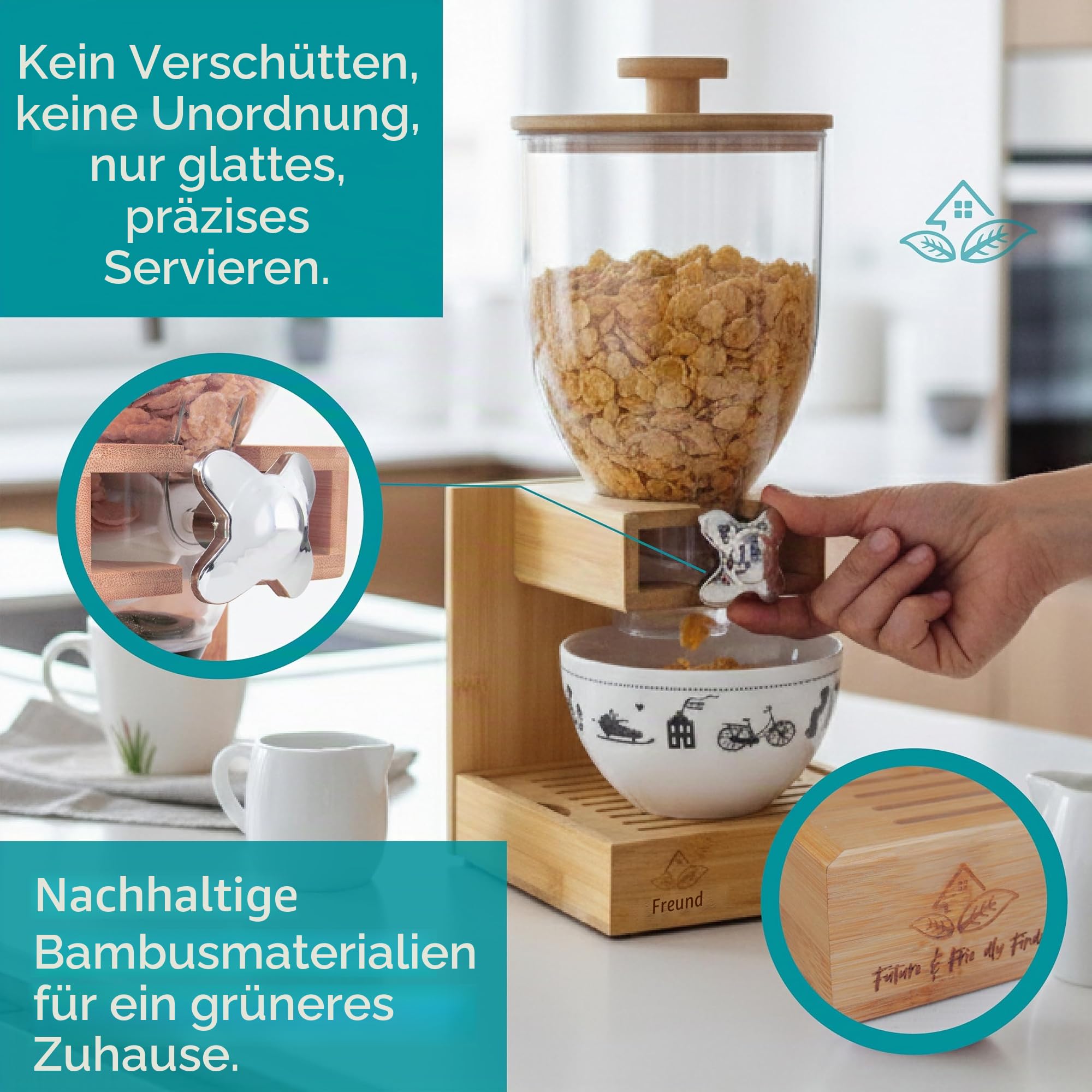 Future & Friendly Finds Bambusspender, 2 l, Müsli-Spender, Aufbewahrungsbehälter, Snack-Bar-Station, Trockenfutterspender, Müsli-Spender, Arbeitsplatte, Hausutensilien