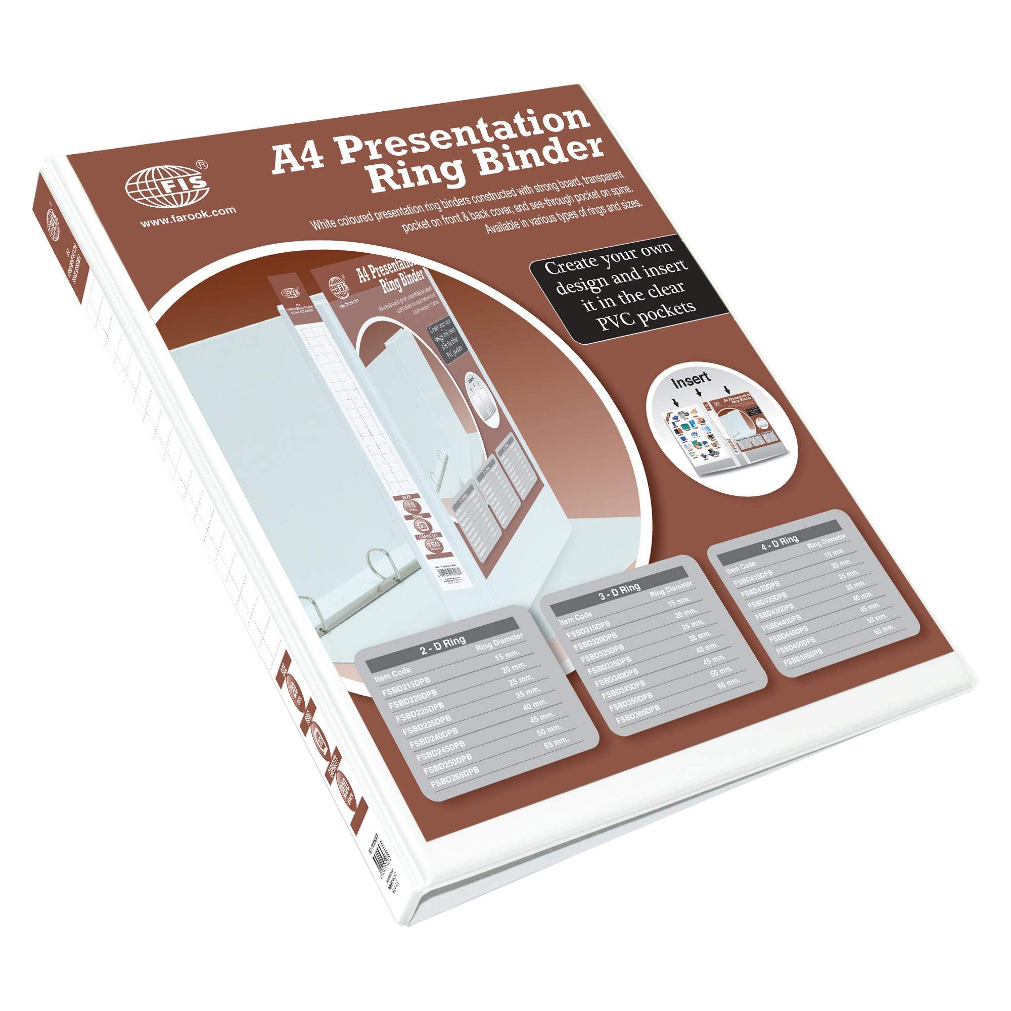 FIS® Presentation Binder, A4 Size(210x297mm), 2[D]Ring Type, 20mm Ring Size, 1.50" Inches Spine with Clear PVC Pocket For Easy Insert Your Label Design, 1 Piece, White Color-FSBD220DPB