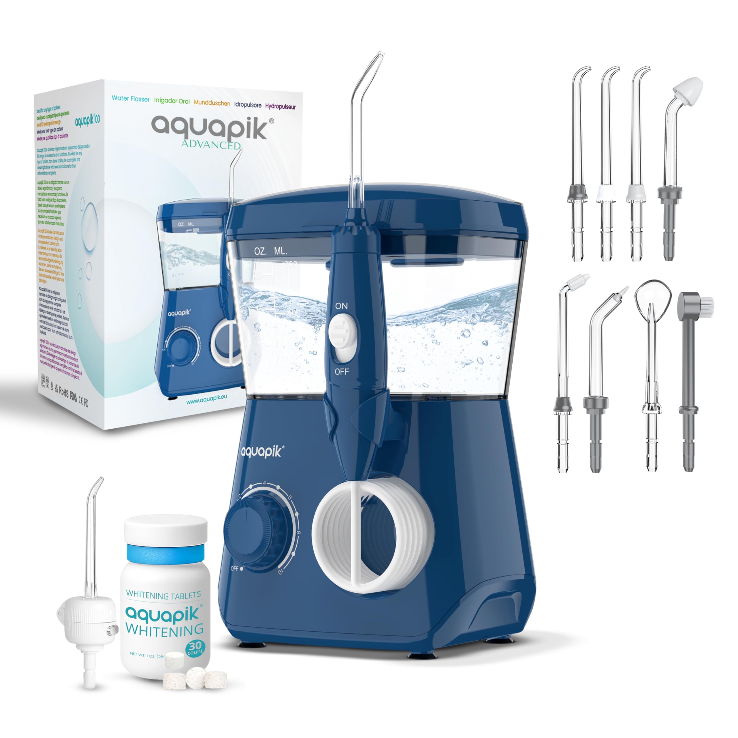 Aquapik ADVANCED Hydropulsator do zębów | Idealny do ortodoncji, implantów, wrażliwych dziąseł i płytki nazębnej | Zestaw wybielający + 8 dysz (nosa) | 10 poziomów ciśnienia | Zalecany przez dentystów