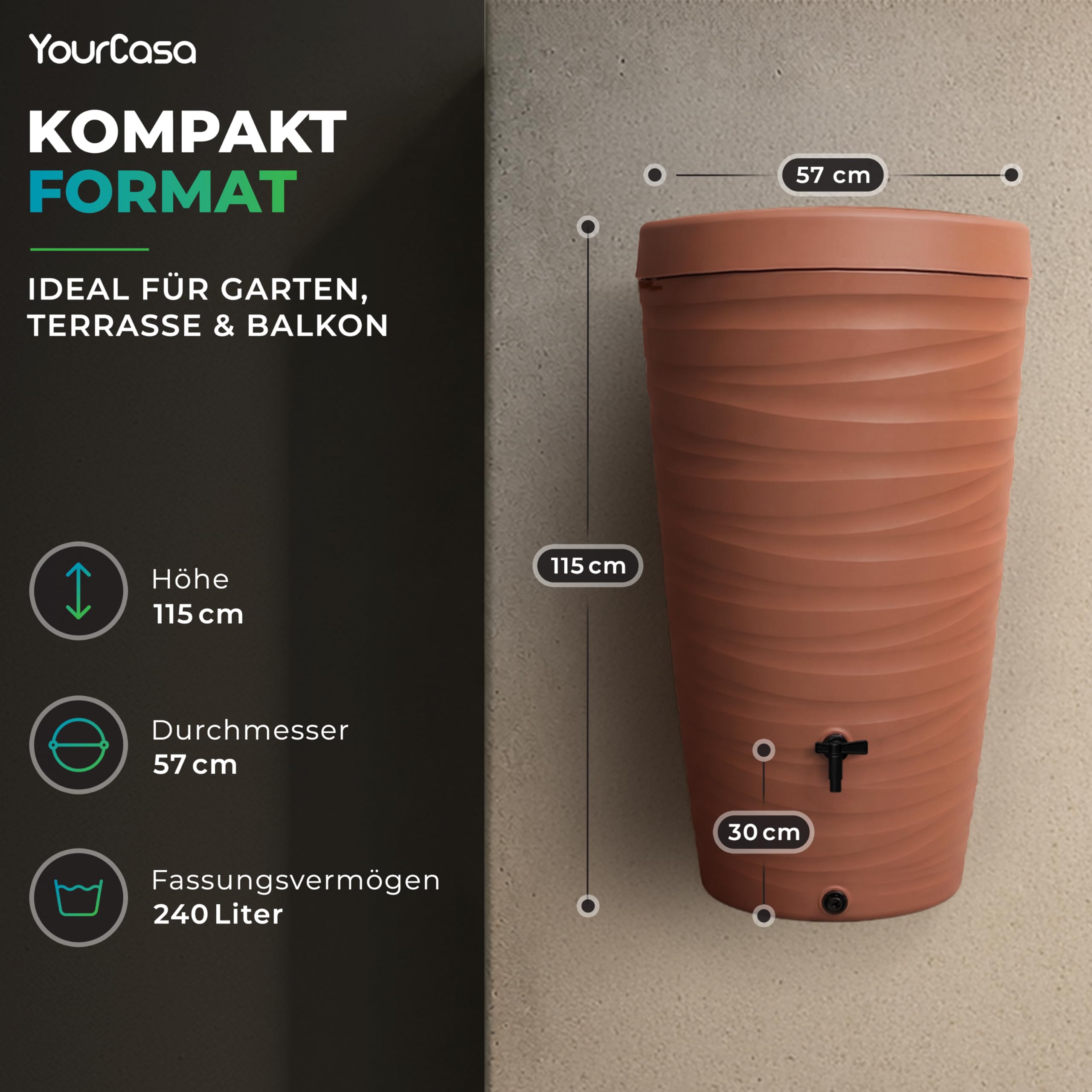 YourCasa Regentonne 240 Liter [Wave Design] Regenfass Frostsicher aus Kunststoff - Regenwassertonne mit Wasserhahn - Regenwassertank Garten Regenwassersammler Wasserfass Regentonne schmal (Grau)