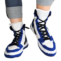 Custom Jordan Crochet Knitted Slippers Hypebeast Sneakerhead Blue Plush House Shoes Unisex Big Size Cozy Winter Socks Fuzzy