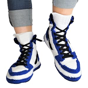 Custom Jordan Crochet Knitted Slippers Hypebeast Sneakerhead Blue Plush House Shoes Unisex Big Size Cozy Winter Socks Fuzzy