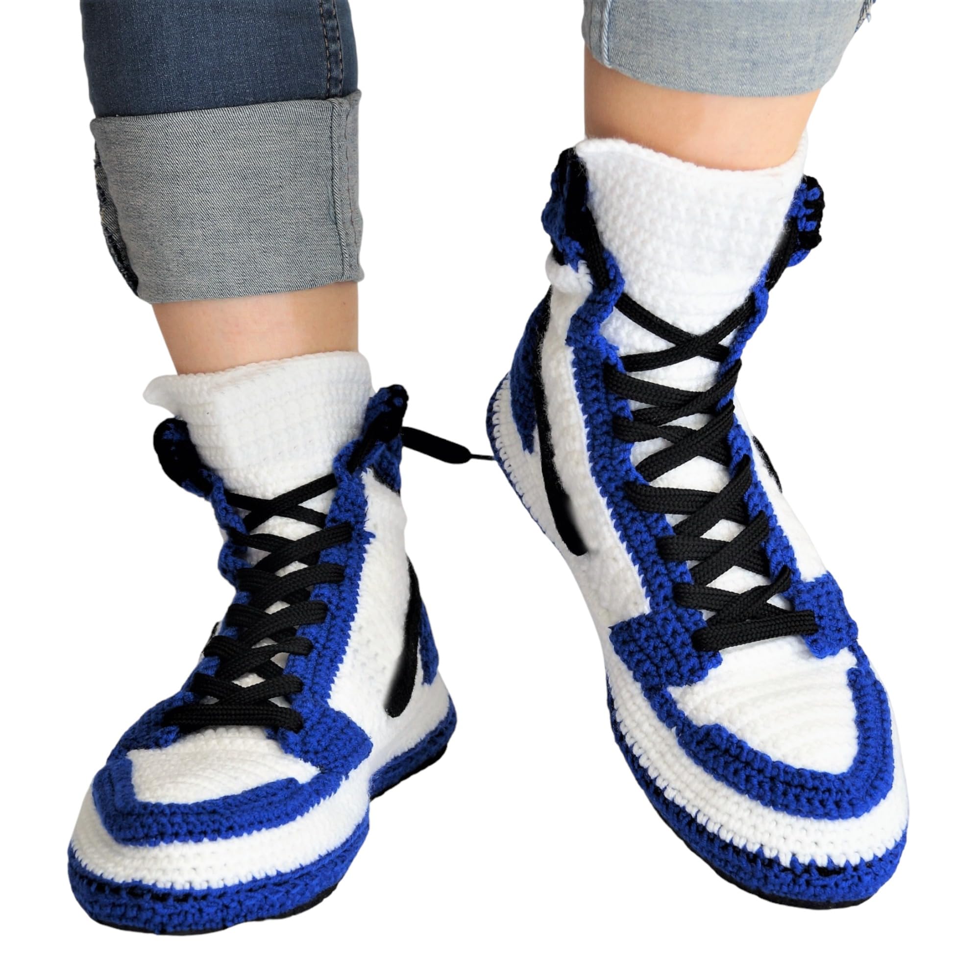 Custom Jordan Crochet Knitted Slippers Hypebeast Sneakerhead Blue Plush House Shoes Unisex Big Size Cozy Winter Socks Fuzzy