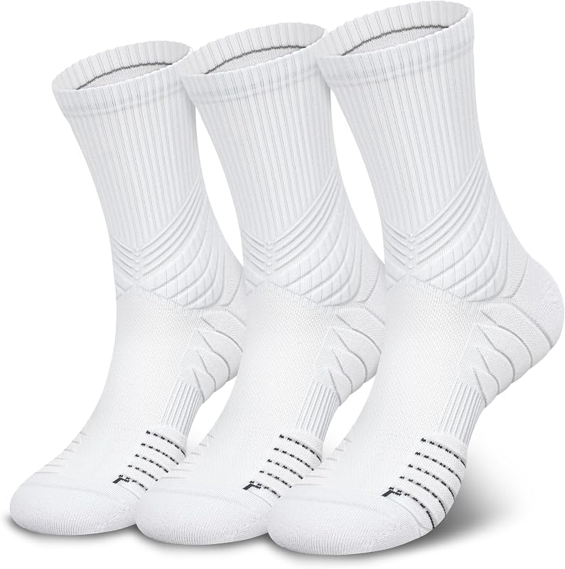 Unisex Crew Socks for Running Athletic, Comperssion & No Blisters | Moisture-Wicking Coolmax & Lycra, Seamless Toe, Max Cushioning, 200-needle knitting, Reinforced Heel & Toe, Arch Compression