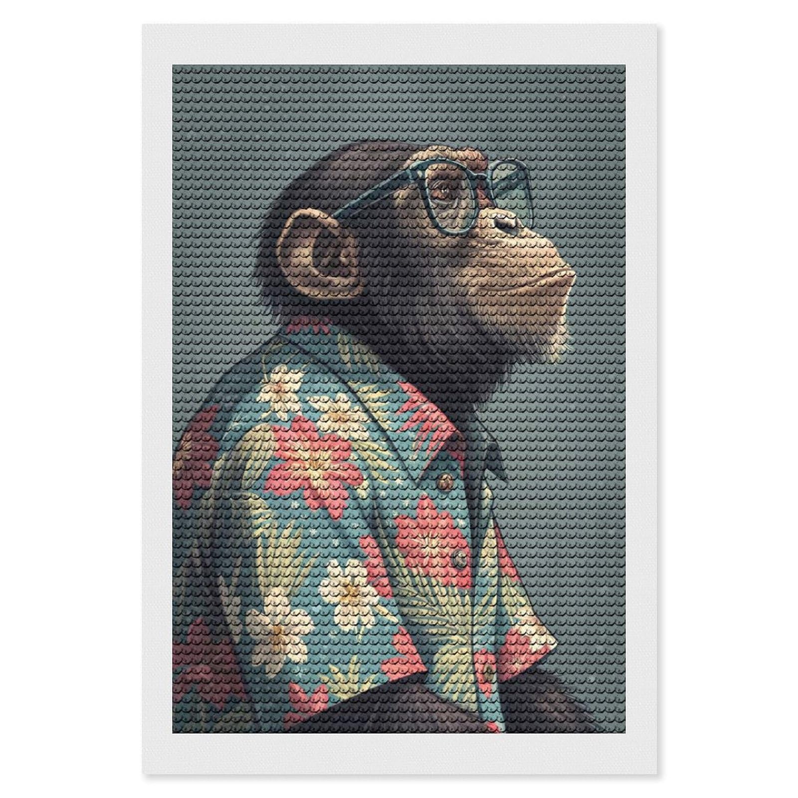 Junmoney Chimpanzee in Hawaiian Shirt and Glasses Diamond Art Kit 8"x12", for Beginners, Vintage Style Decor, Good for Quiet Evenings, Festive Craft Gift