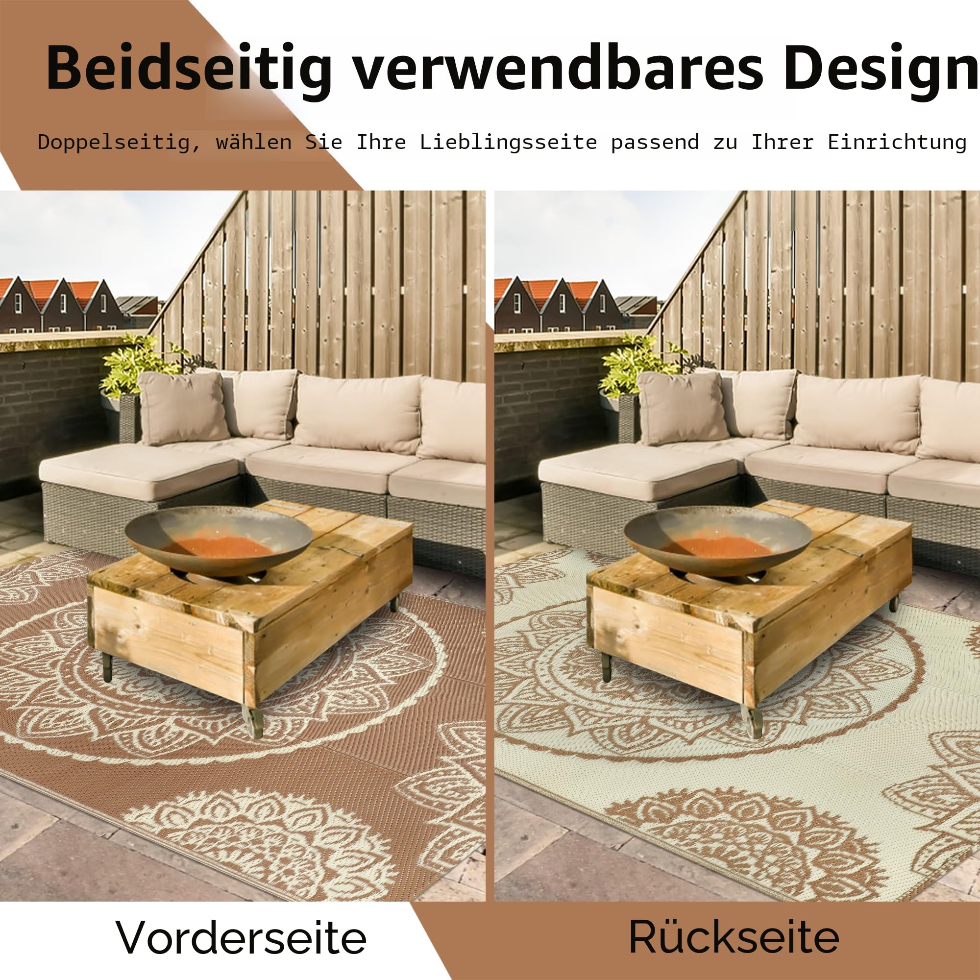 Famibay Outdoor Teppich Wetterfest 150x245cm Reversible Camping Teppich Outdoor Wasserfest Beige Braun Kunststoff Wendbar Leicht Outdoorteppich für Terrasse Garten Balkon Camping Innen Außen
