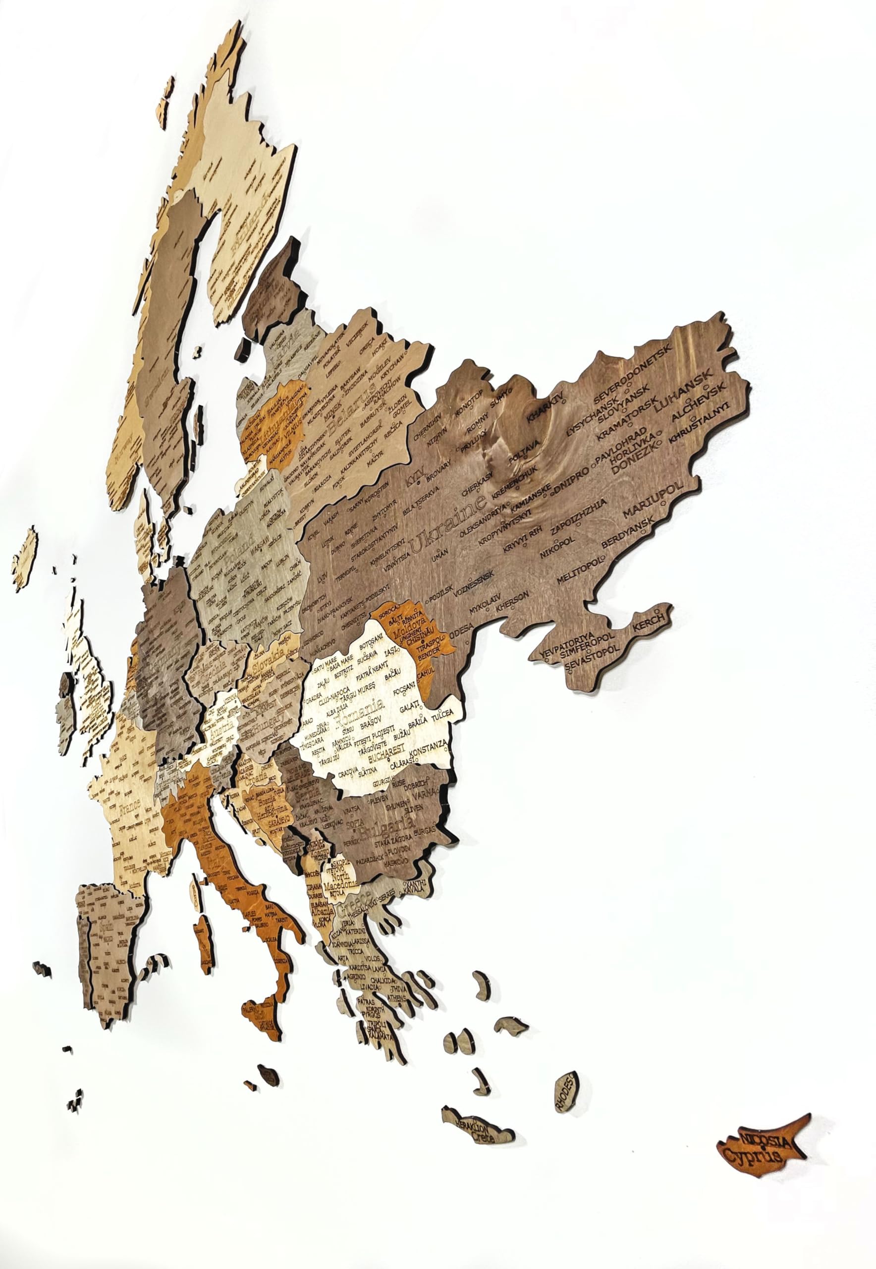 Natura Products 3D Mapa Europy z drewna – dekoracja ścienna w 2 rozmiarach, opcjonalnie z regionem Bliskiego Wschodu (Z regionem Bliskiego Wschodu)