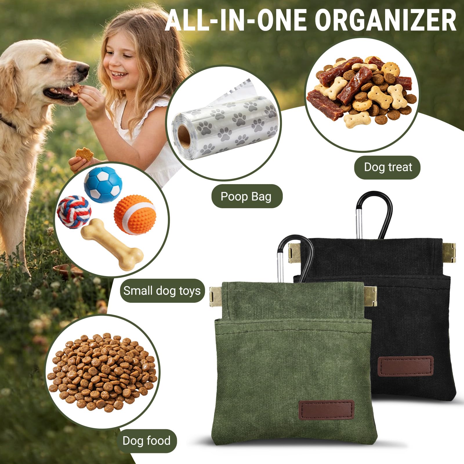 Leckerlibeutel für Hunde, freihändiges Hundetraining, Leckerlibeutel mit Karabiner, tragbare Haustierfutter-Snack-Tasche für Reisen oder den Außenbereich, selbstschließend, 2 Stück