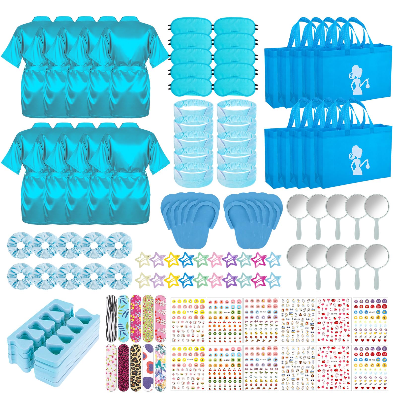Kit da 122 pezzi blu per feste spa per ragazze, confezione da 10 bomboniere per pigiama con accappatoi in raso, borse e accessori per saloni di bellezza per bambini, spa, compleanni
