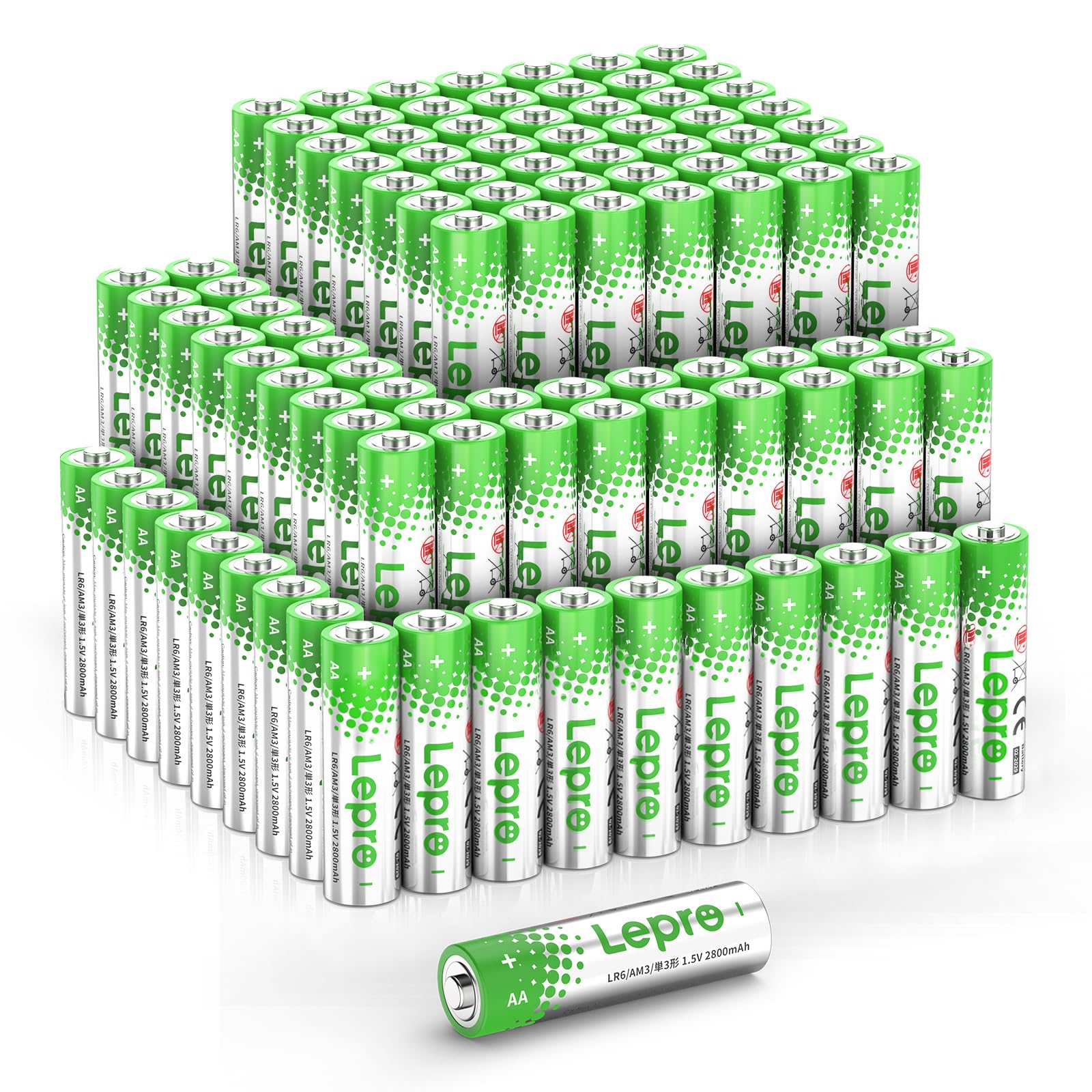 Lepro AA Batteries 100 Pack, 1.5 Volt Alkaline Double AA Battery with High Capacity, Anti-Leakage, Long Lasting Power, 2800mAh LR06 MN1500 Battery AA for Clocks Remotes Mouse Torch