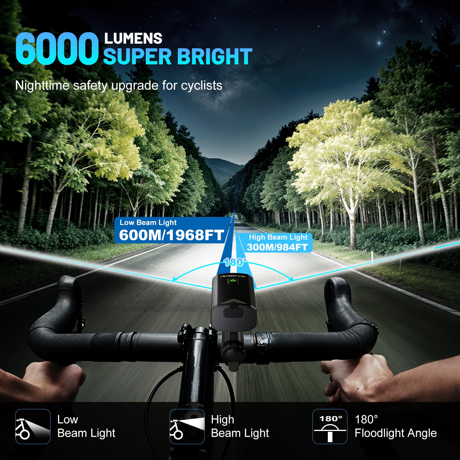APECYC Luci per bici super luminose per guida notturna, 2000 lm, luci LED per bicicletta compatibili con Garmin/GoPro, luci per bici ricaricabili USB-C anteriori e posteriori, per bici da strada
