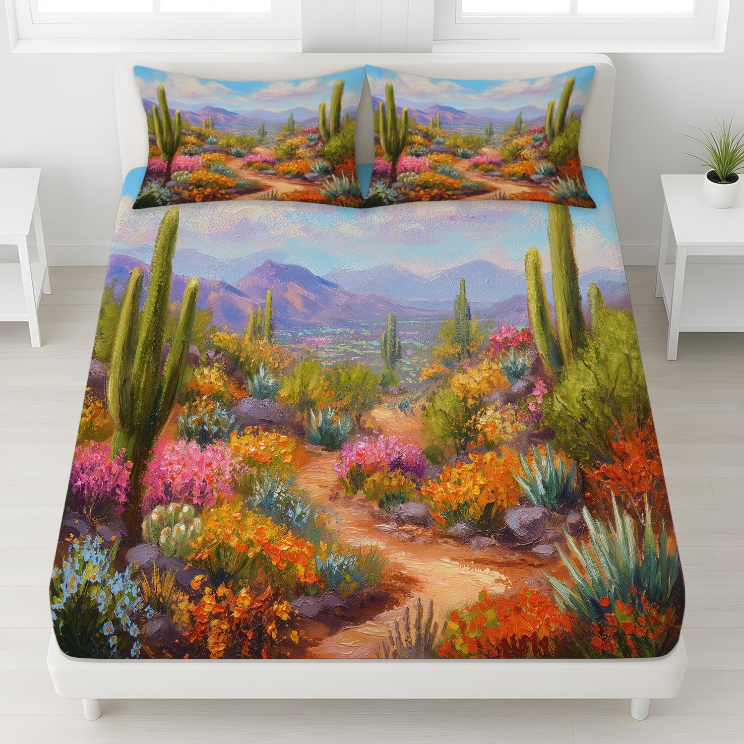 Botanisch Wüste Spannbetttuch Kaktus Floral Berge Spannbettlaken 140 x 200 x 30 cm 3teilig Mikrofaser Bettwäsche Set mit 2 Kissenbezüge 80 x 80 cm Kein Flachbettlaken