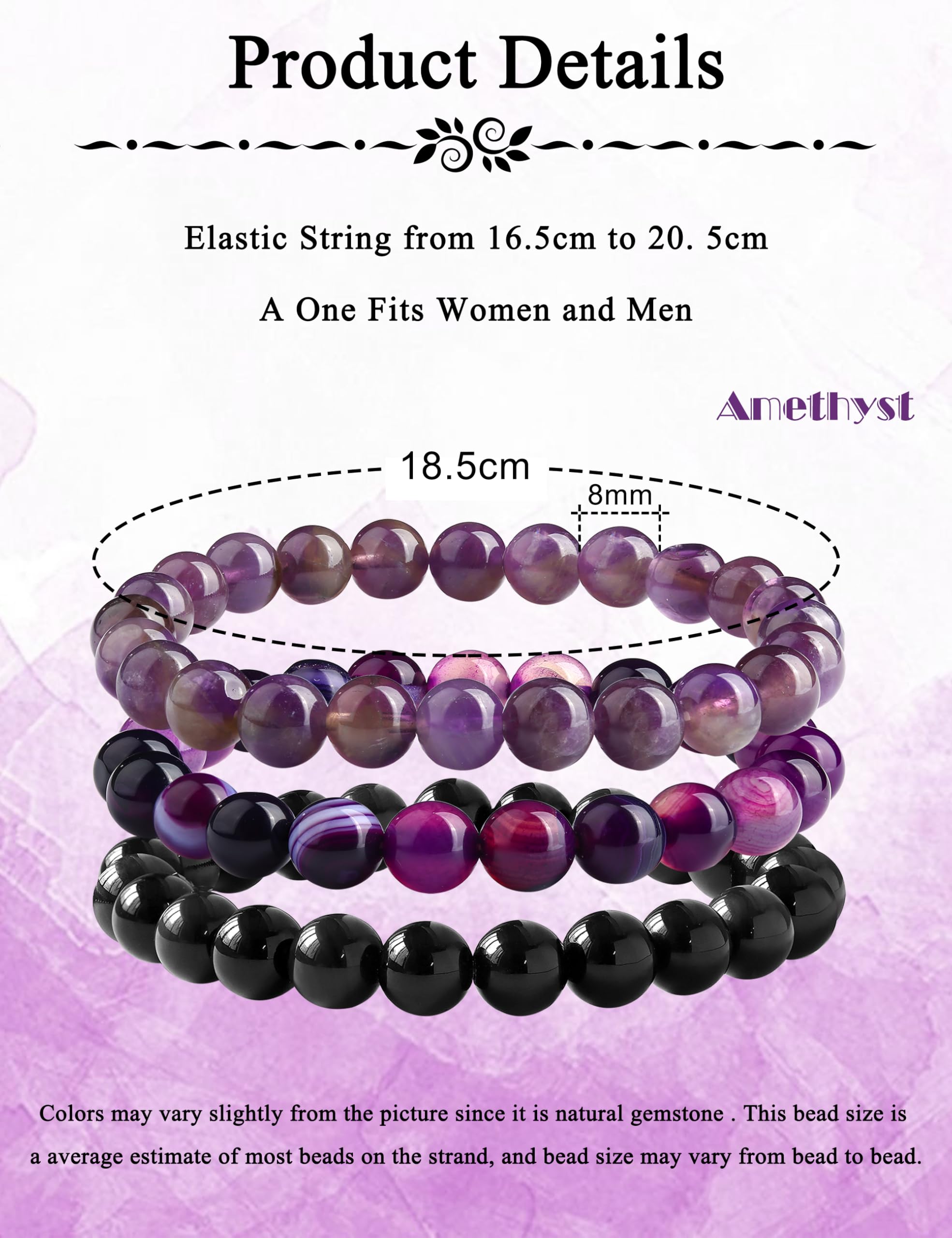 Adramata 3Pcs Bracelet Pierre Naturelle Femme en Pierre Naturelle de 8MM Perle Bracelet Anti Stress Élastique Empilable Pour Femmes Et Hommes Cristal Bracelets pour Femme Cadeau