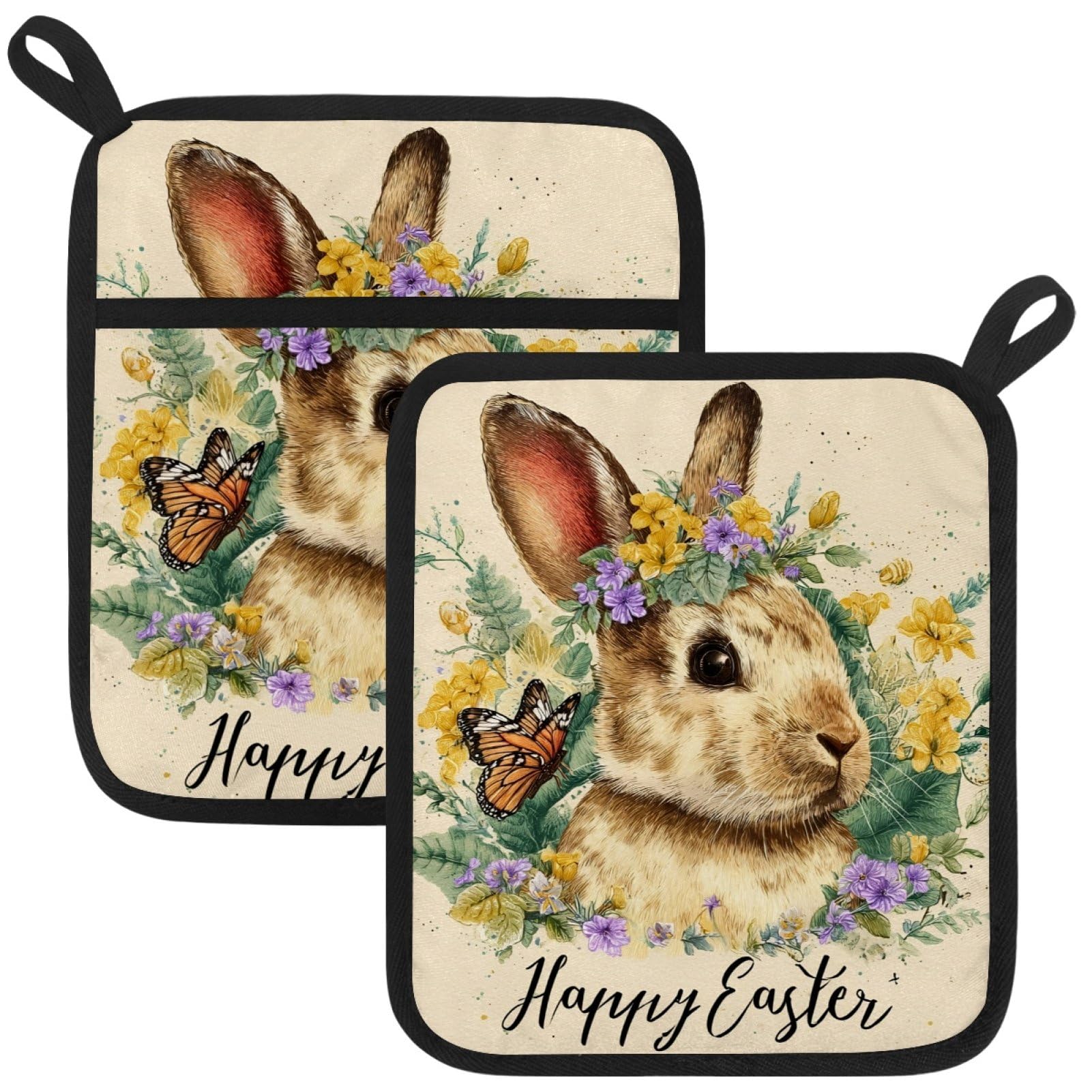 VAPOKF Easter Bunny Flower Kitchen Hot Pot Holder, Pot Holders Heat Resistant Pot Holder with Pocket Heat Resistant Trivets for Hot Pans Cotton Pot Mitts for Kitchen Cooking Baking