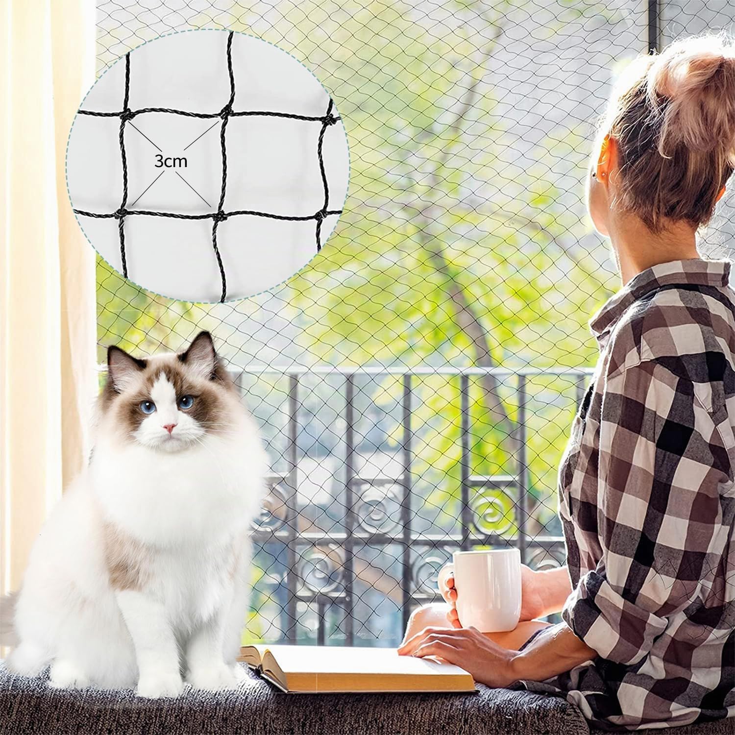 Red para Gatos para balcón, 8 x 3 m, Alambre Reforzado, con Cuerda de fijación de 25 m, Fuerte, Duradera, Resistente a los Rayos UV, Resistente a la Intemperie (Negro, 3 * 8M)