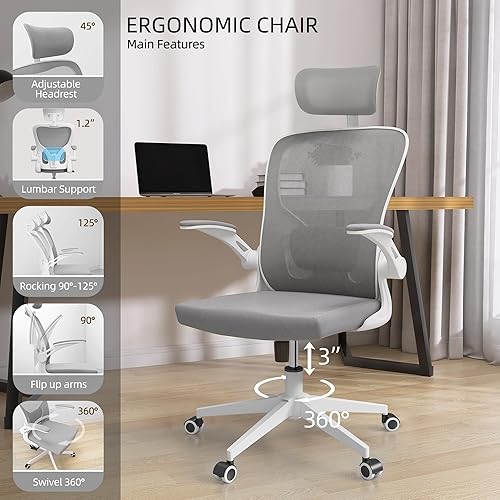 Miniatura 4 de Monhey Sillas de oficina, silla de oficina ergonómica, silla de computadora con reposacabezas ajustable, soporte lumbar, reposabrazos 2D, base de