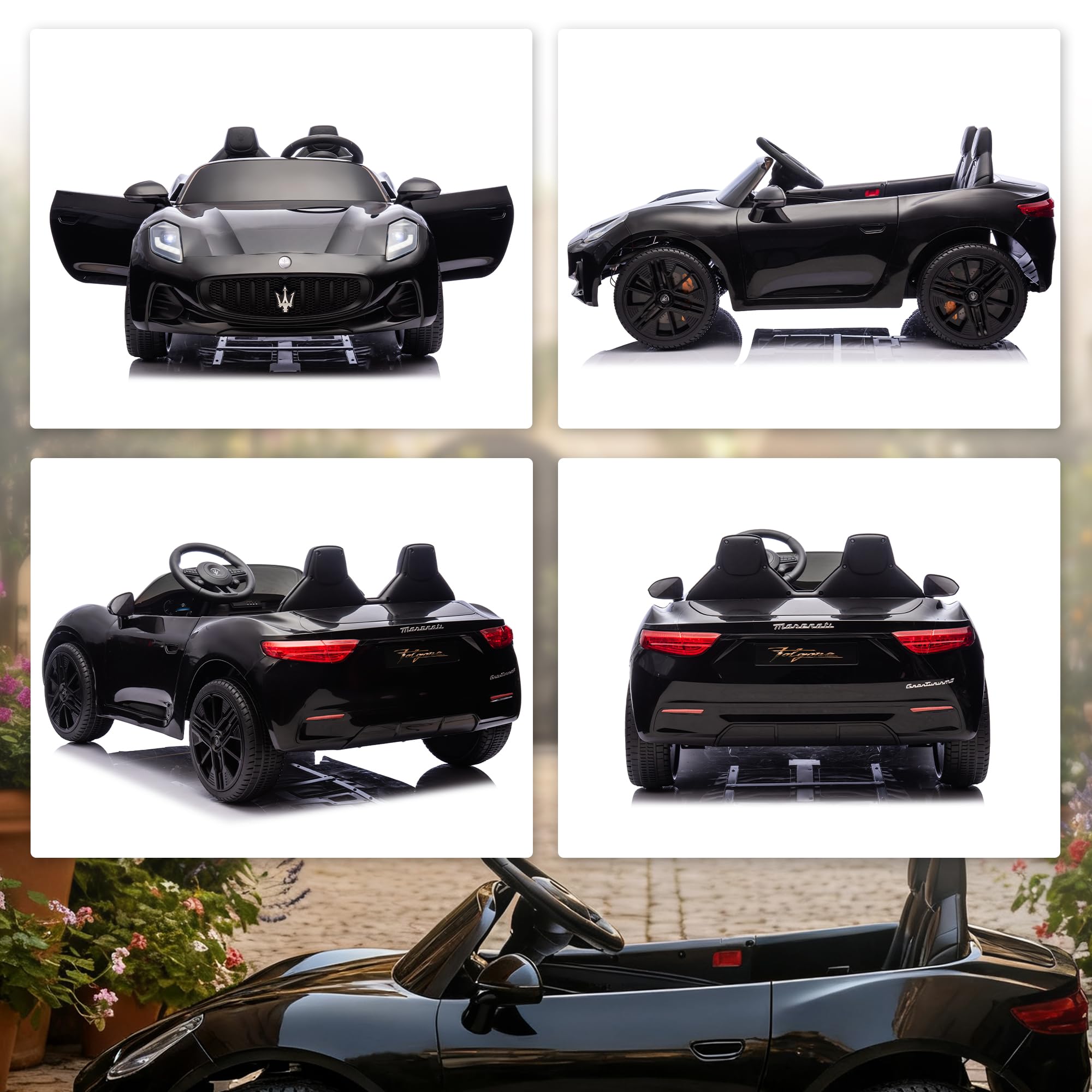 AIYAPLAY Kinder Elektroauto Maserati 12V 2-Sitzer Kinderauto Schwarz | 2,4 GHz Fernbedienung, 2 Motor, Elektrofahrzeug mit Federung, Musik, USB, Hupe, LED-Leuchten, für 3-8 Jahre, 3-8 km/h