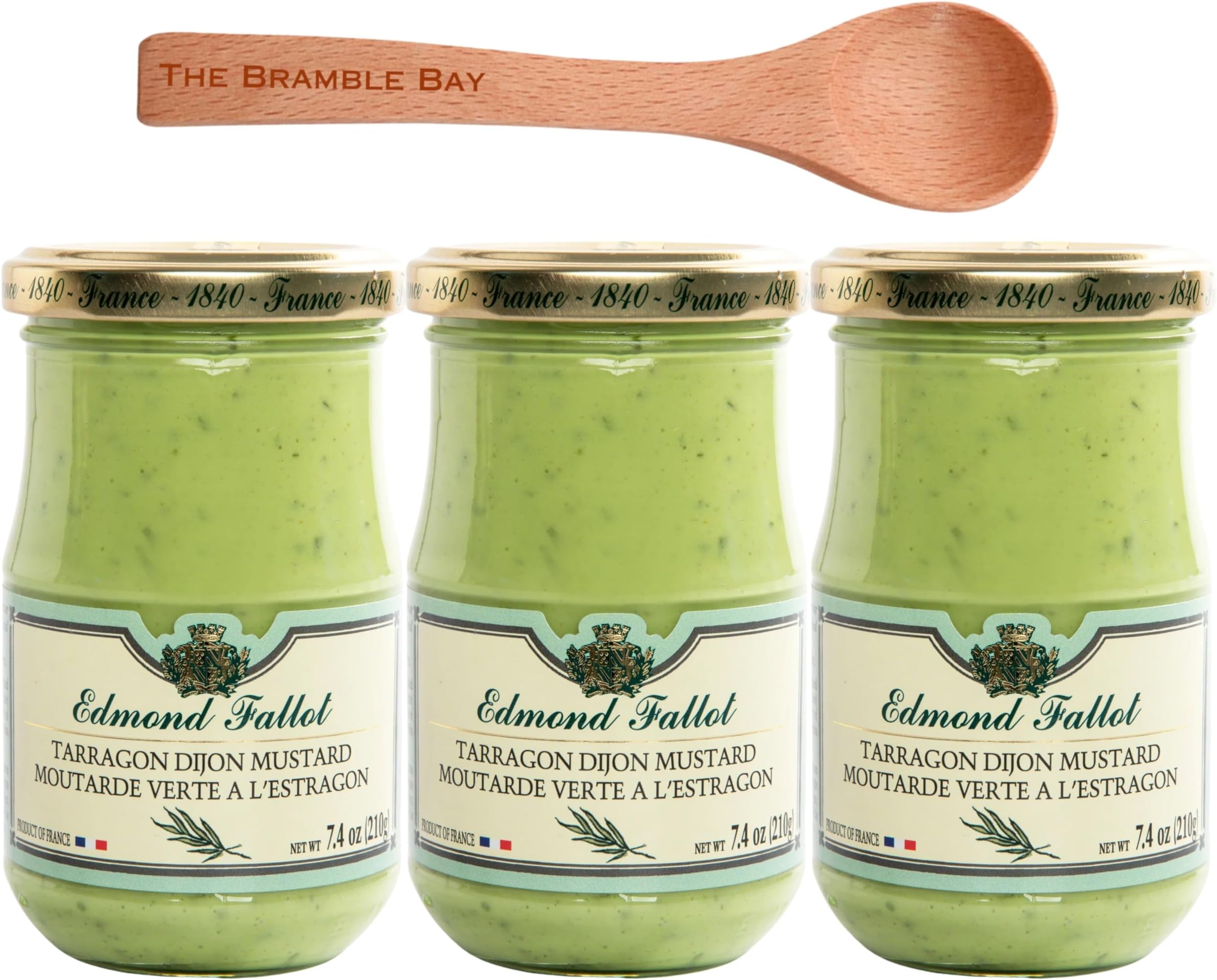 Dijon Mustard Bundle includes Edmond Fallot Dijon Mustard with Tarragon Pack of 3 x 105g, Wooden Spoon