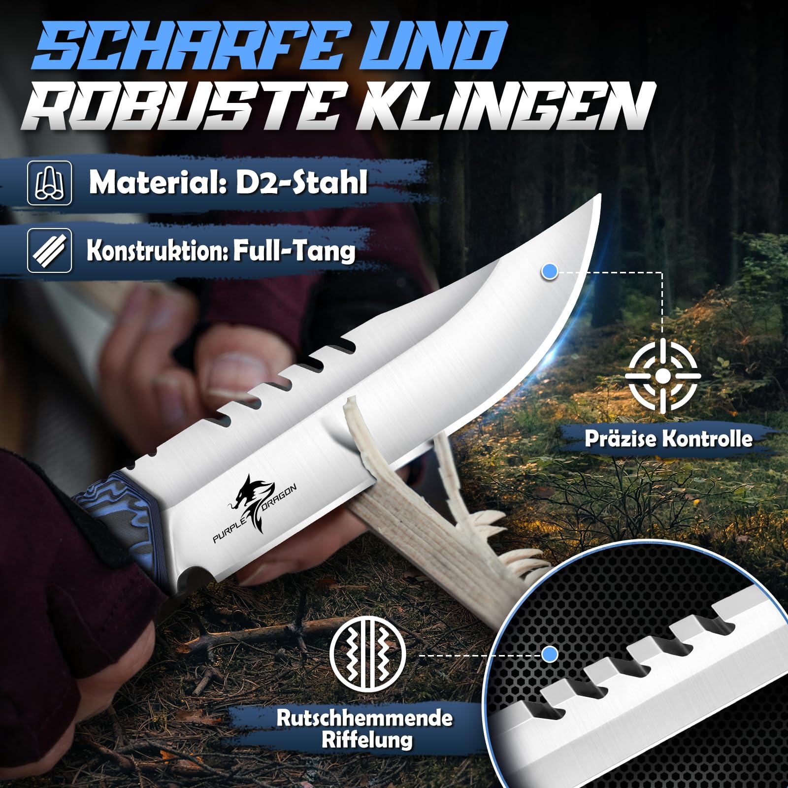 Purple Dragon Full Tang D2 Stahl Outdoor Survival Messer - 6 mm Dicke Klinge, G10 Griff & Kydex Scheide - Robustes Camping Messer für Wildnis und Überlebensaktivitäten Geschenk für Männer