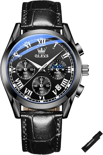 OLEVS Men's Waterproof Chronograph Watch Leather Strap Quartz Wristwatch Multi-Function Dial with Date Luminous Business Watches for Men