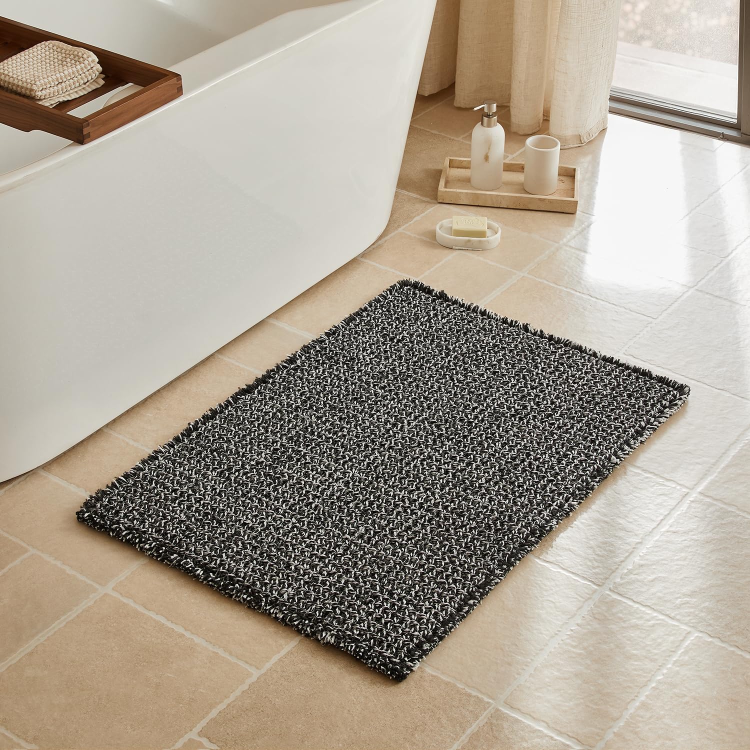 Triohero Waffle Bath Mat, Boho Bathroom Rugs Non Slip Washable, Ultra Soft Super Absorbent Quick Dry Farmhouse Bathroom Decor, 24" x 36", Black &