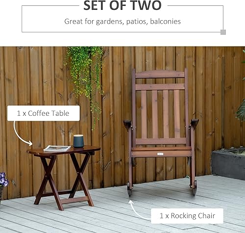 Miniatura 4 de Outsunny Juego de 2 sillas mecedoras de madera para patio, con reposabrazos y respaldo alto y mesa auxiliar portátil, para interiores, exteriores,