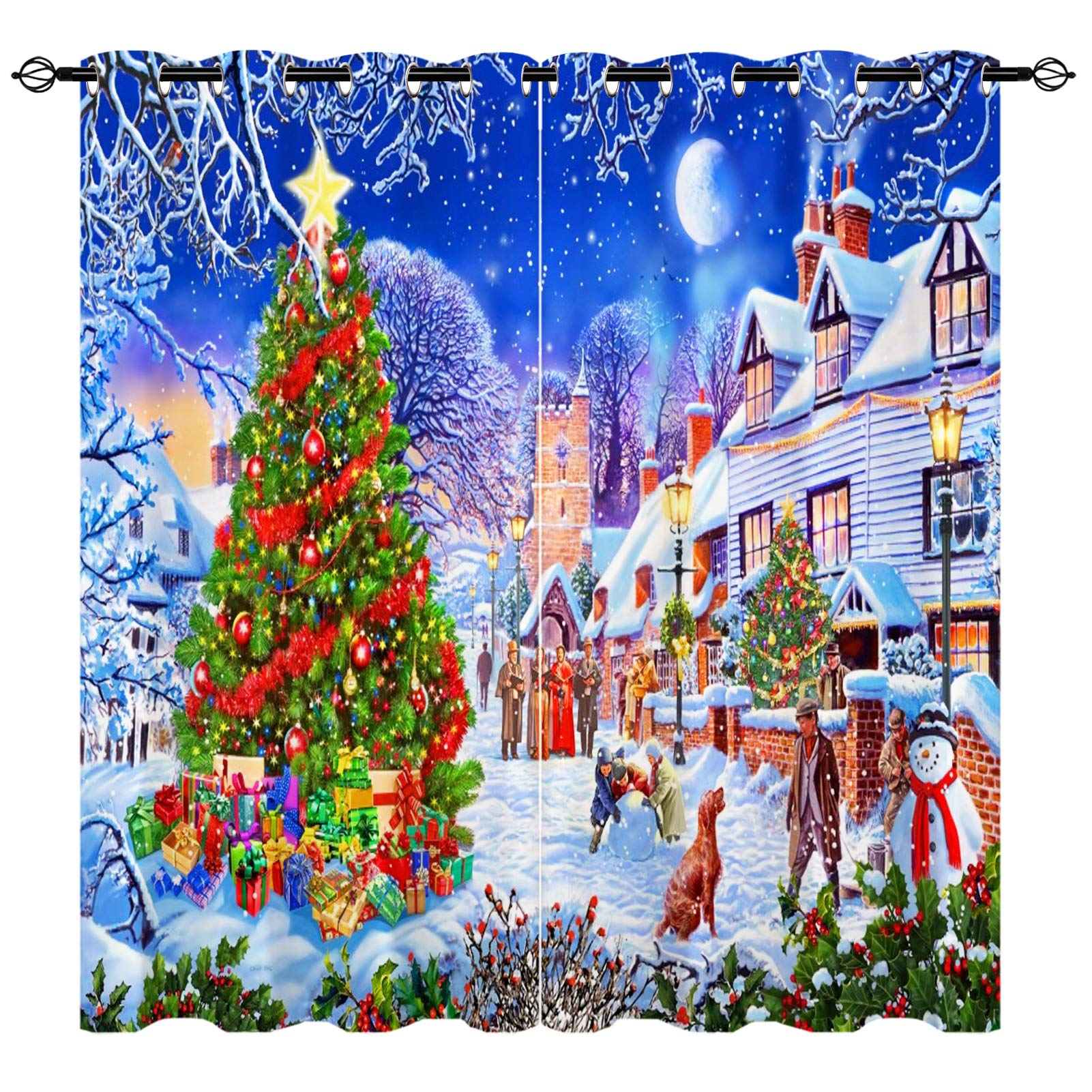 Yuanzu Boys Multi 4 Christmas Blackout Curtains, Snowflakes Christmas Tree Gifts Snowman Patterns Microfiber Fabric Eyelet Blackout Curtains For Living Room Bedroom W168cm (66") X D183cm (72") 2 Panels