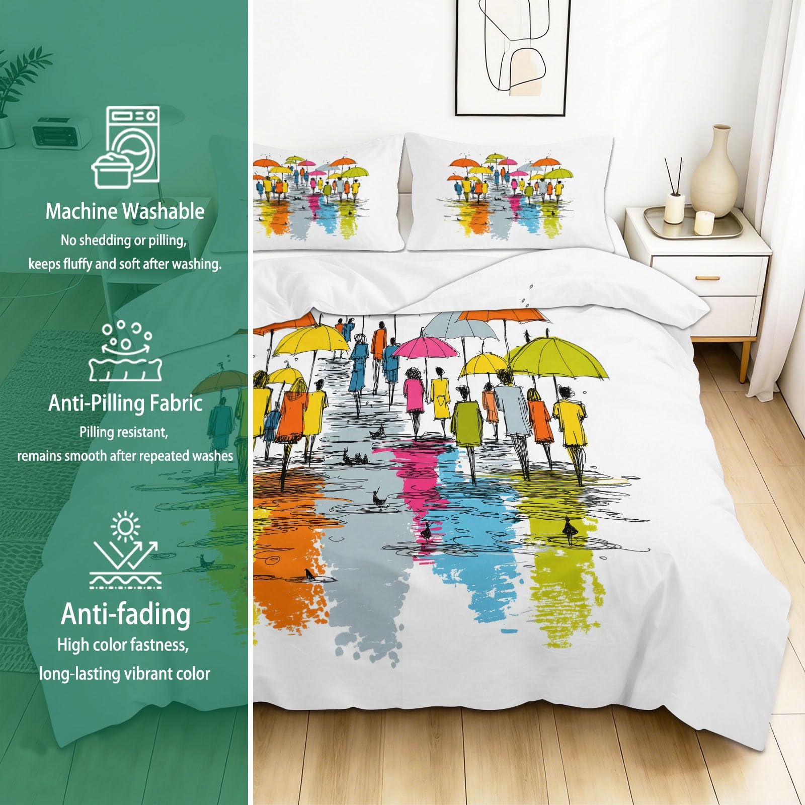 Komplet pościeli dziecięcej 200 x 200 cm deszcz uliczny parasol poszwa na kołdrę, kreskówka 3-częściowa pościel dla dziewczynki chłopca - biała poszwa na kołdrę z mikrofibry z 2 poszewkami na poduszki