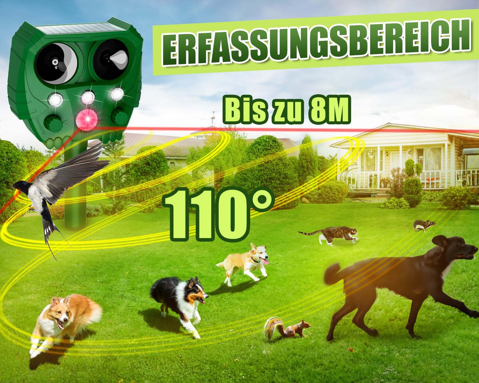 Repulsif Chat Exterieur Ultrason, Effaroucheur Solaire ＆ Charge USB, 5 Modes avec Détecteur de Mouvement PIR, Lumière LED, IPX4 Étanche, Répulsif Renard, Taupe, Chiens, Raccoons, Sanglier, Oiseaux