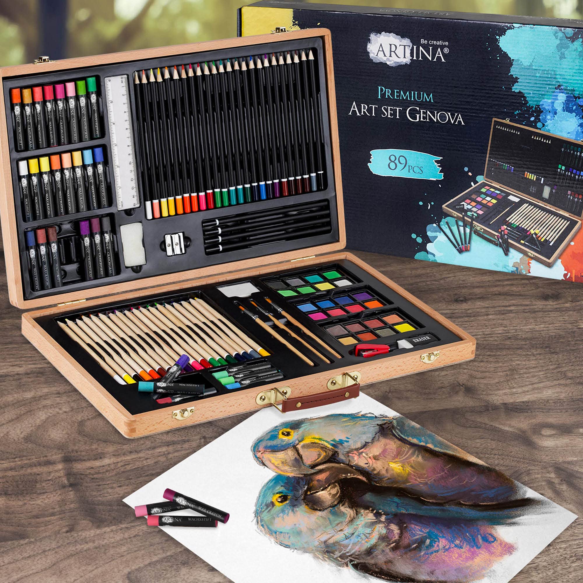 Artina set de peinture XXL 89 pièces avec coffret en bois dessin crayons | kit acrylique aquarelle crayons craies pinceaux enfant cadeau Noël mallette artiste couleur Débutant Genova