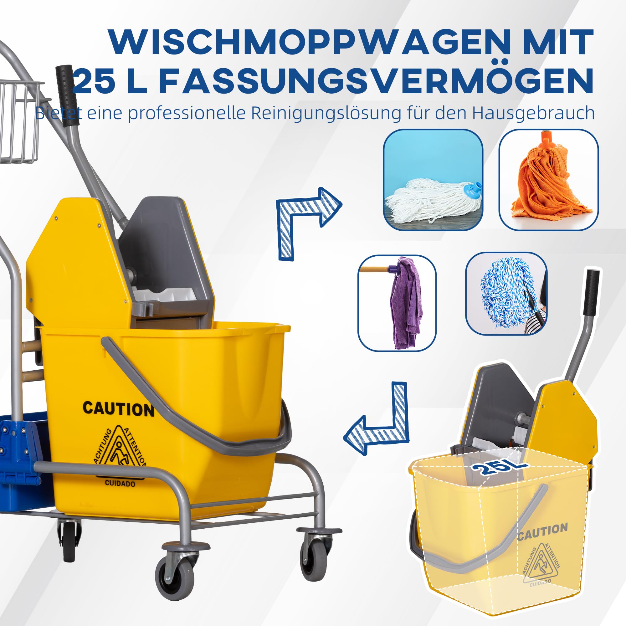 HOMCOM Chariot de nettoyage Chariot de nettoyage Seau roulant Seau de nettoyage 25 litres avec essoreuse, crochet pour balai à franges Chariot ménager avec 4 roulettes Jaune