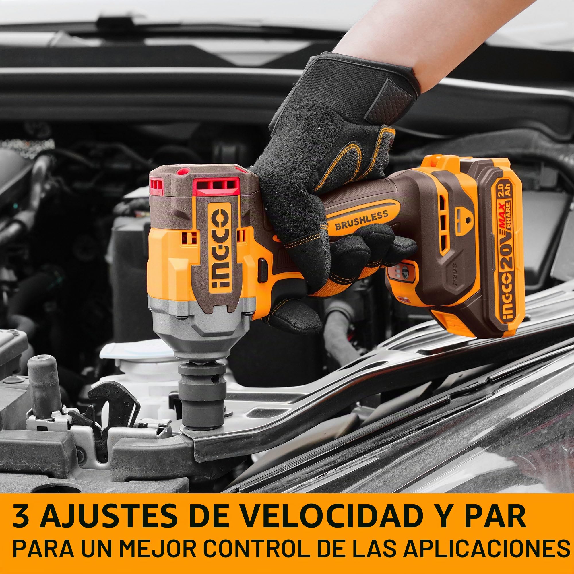 Ingco 20 V llave de choque inalámbrica sin escobillas 400 NM atornillador eléctrico inalámbrico 2300 rpm, con 2 baterías 2,0 Ah, 1 cargador CIWLI2040