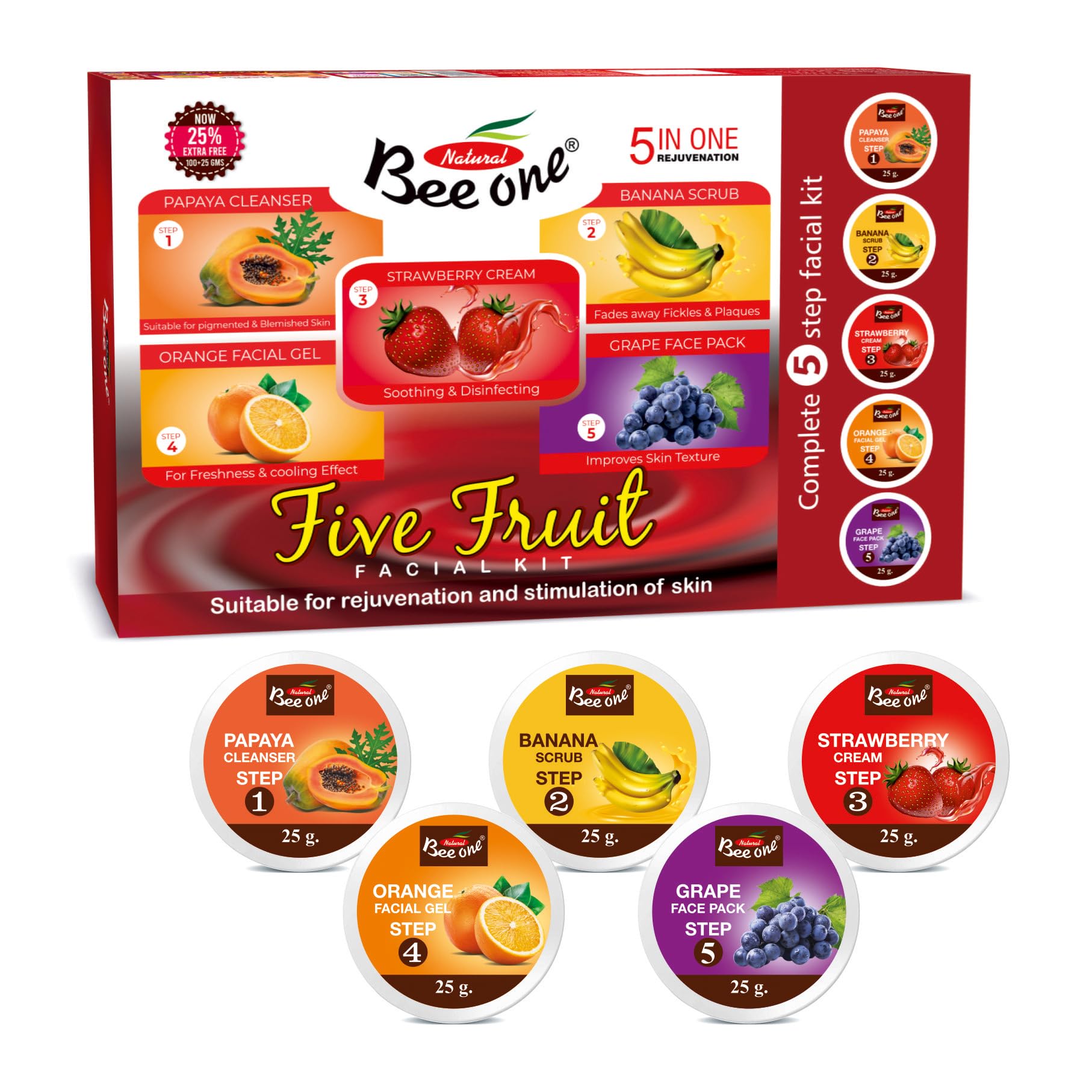 Bee One Five Fruit Facial Kit 125g | For Radiant Skin and Youthful Glow | Fights pigmentation and prevents Acne | Suitable for All Skin Types | Get upto 5 uses in this 1 Kit