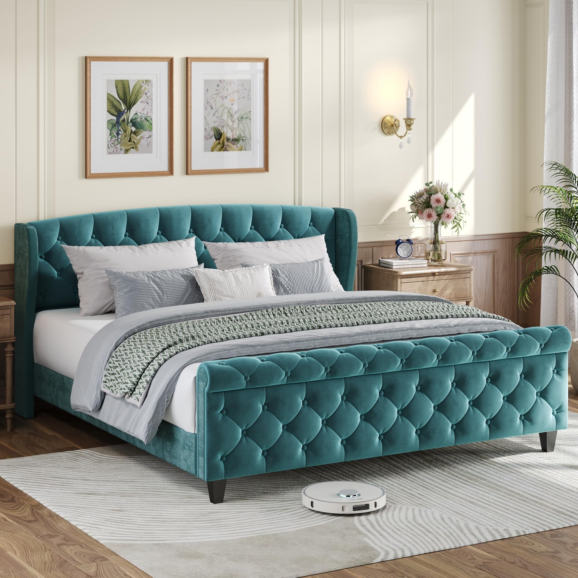 Merax 43.3" Tall Velvet Upholstered Sleigh Bed with Wingback Headboard & Scroll Footboard, Queen Size Platform Bed Frame, Button Tufted Bed Frame, No