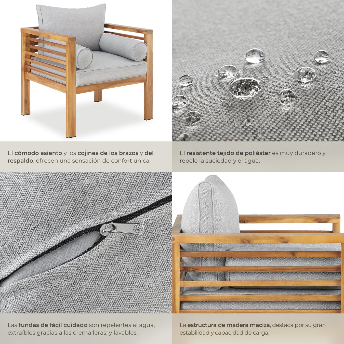 tectake® Sillón de Jardín, Silla de Terraza, Diseño Moderno y Minimalista, Madera Barnizada, Fundas Repelentes al Agua, Tapas Protectoras Antidelizantes, Mueble Jardin Exterior Resistente a Intemperie