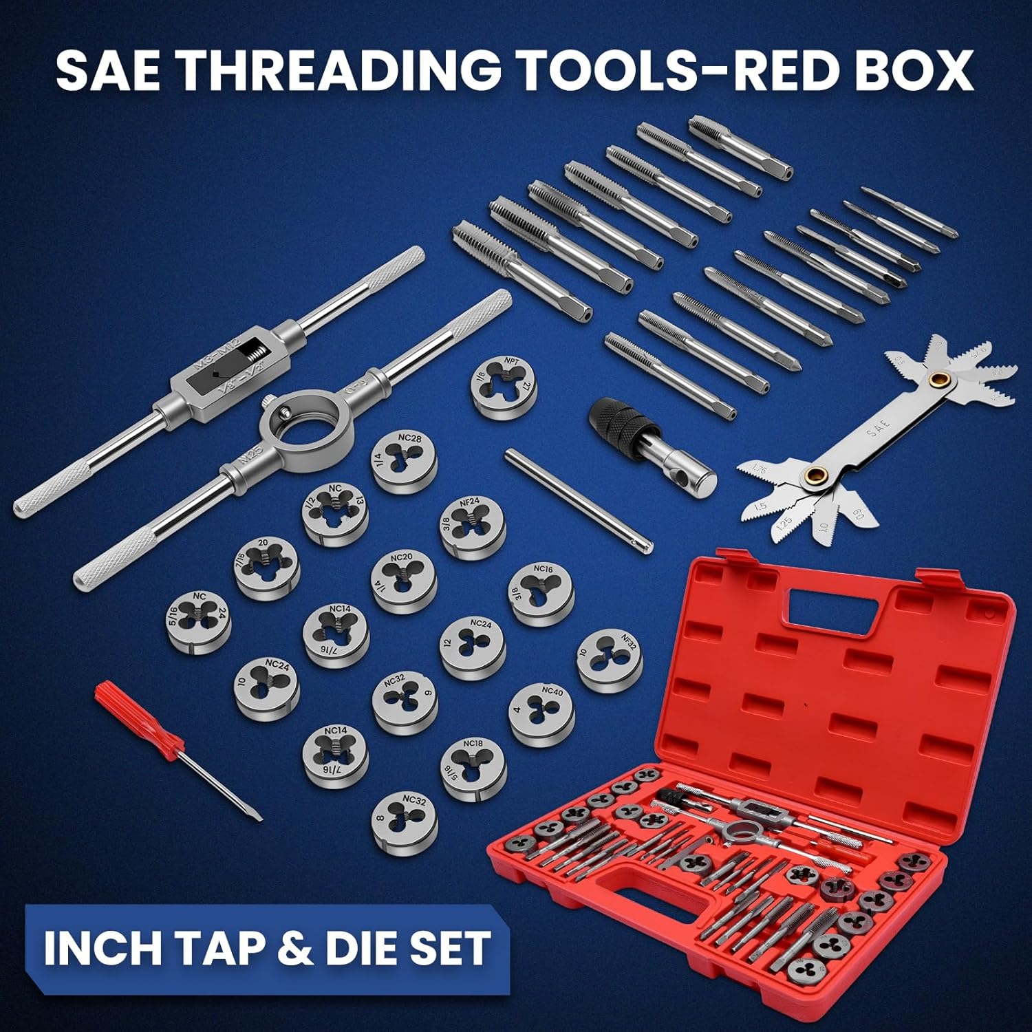 80 PCS Tap and Die Set SAE and Metric, Standard and Metric Threading Tool Kit for Internal and External Threads, Tap & Die Sets with Wrenches for Automotive, DIY, and Metal Repair