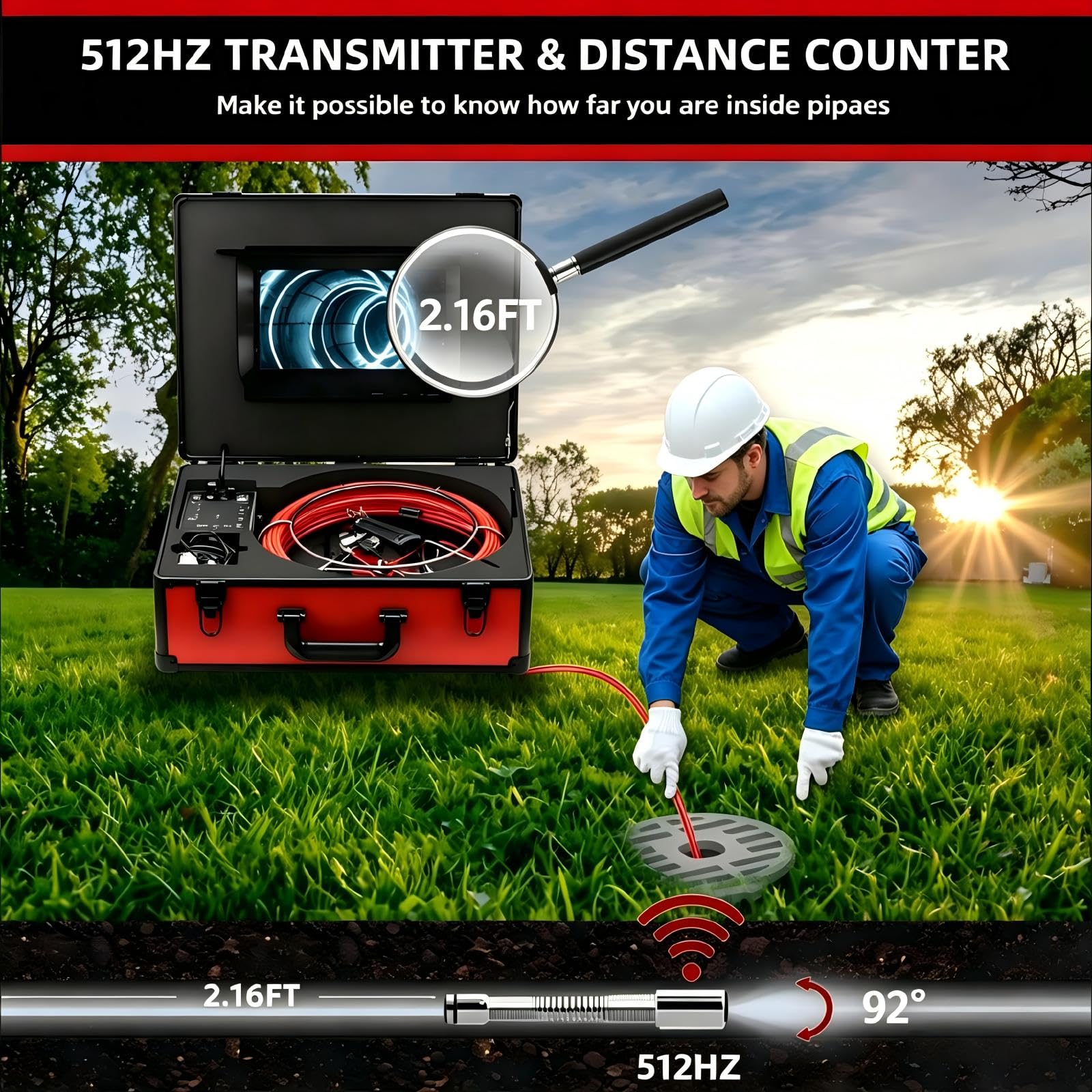 Cámara de alcantarillado con localizador de 512 Hz, cámara de inspección de drenaje de tuberías de 10 pulgadas con función DVR y luces LED, cámara de inspección de tuberías de 30 m con tarjeta de 16