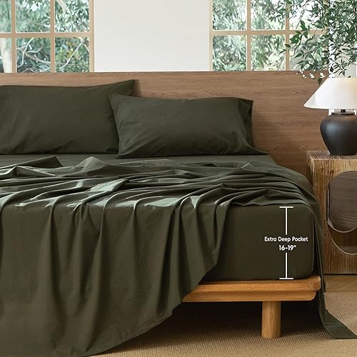 Miniatura 7 de MooMee Sábana bajera ajustable de solo 100% algodón lavado con textura parecida al lino, transpirable, duradera, suave, cómoda, bolsillo profundo