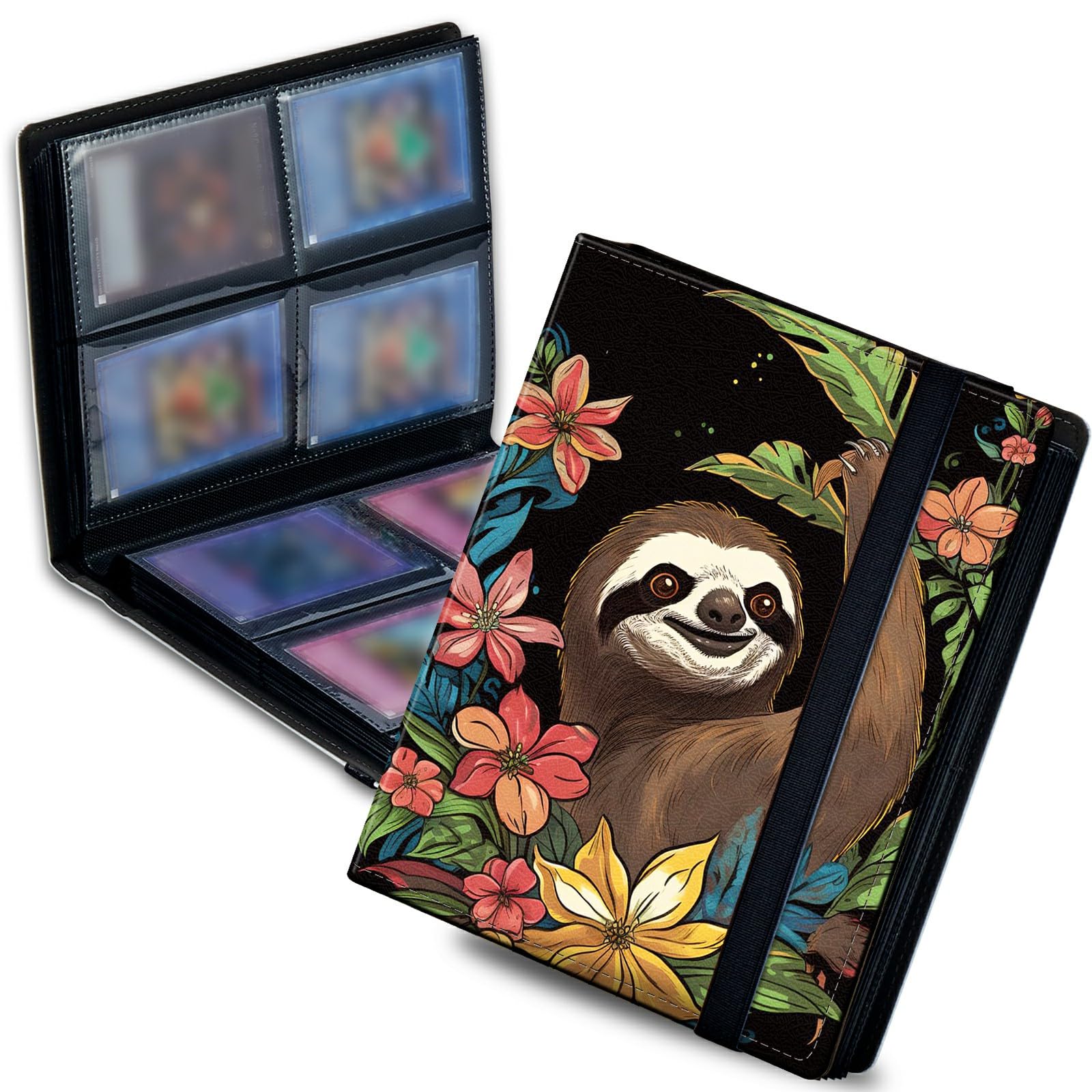 Dikoer Trading Card Binder with Floral Sloth Pattern, 400 Pockets with 25 Pages, PU Card Book Organizer with Elastic Strap for TCG Sports Cards Collection Protection