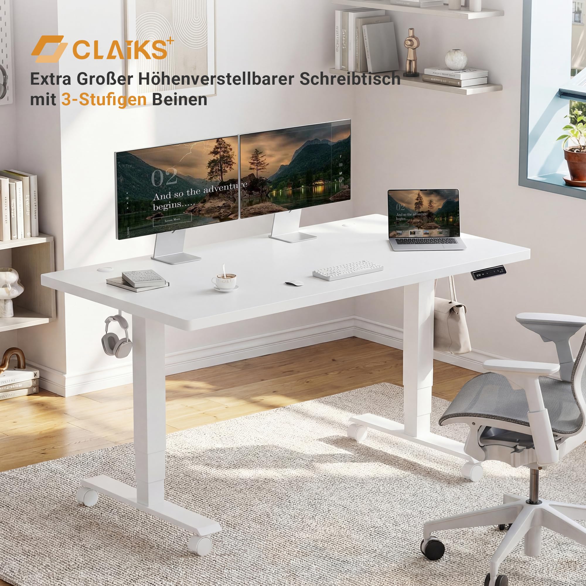 Claiks Höhenverstellbarer Schreibtisch 160×75 cm, Mit 2 Elektrischen Motoren, 25mm Dicke Tischplatte, 130KG Tragkraft Schreibtisch Höhenverstellbar mit 3-Funktions-Memory & 4 Geräuscharme Rollen, Weiß