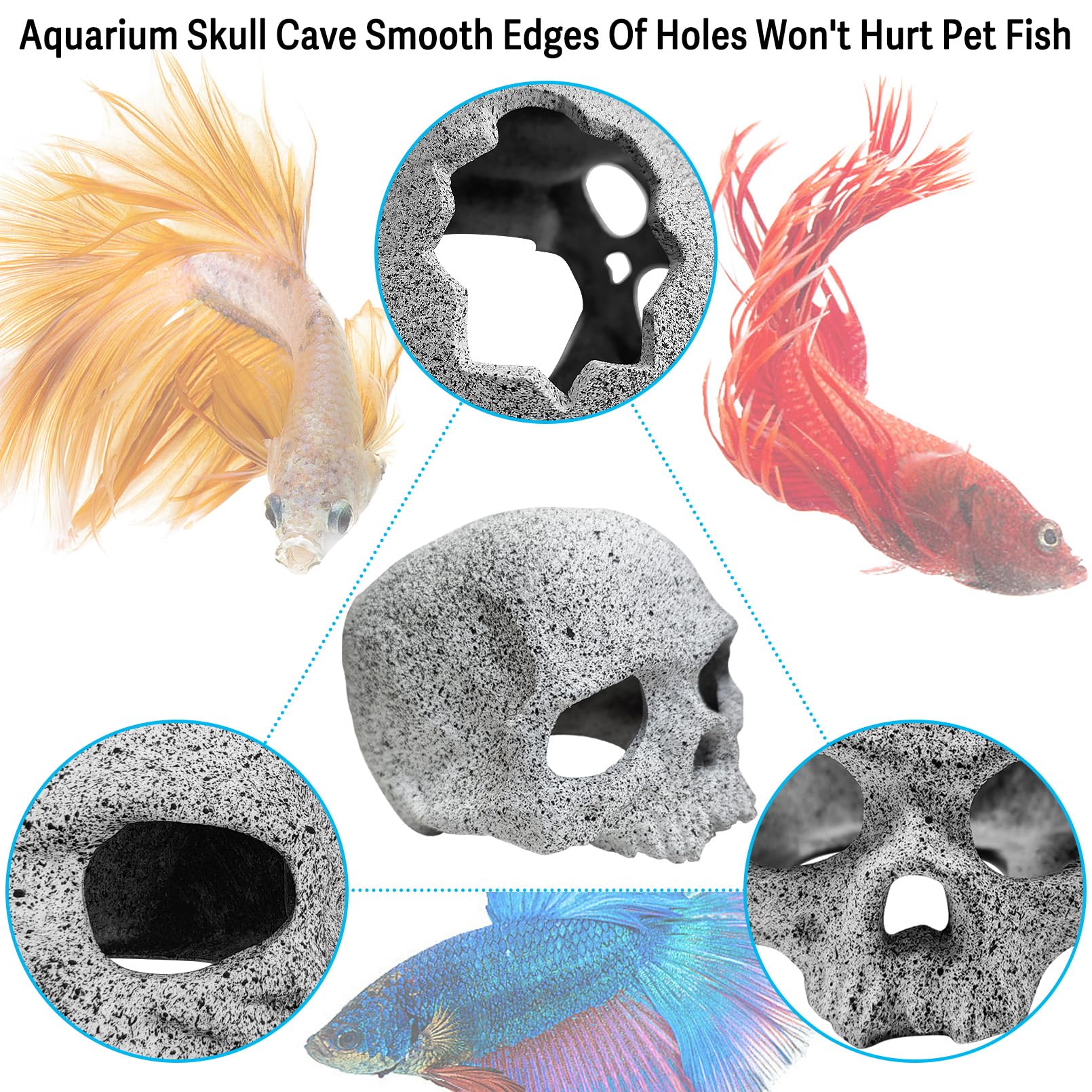 RunXF Skull Aquarium Decoration - Resin Hide Cave For Fish, Shrimp, Lizards, Spiders, 11x14x10cm