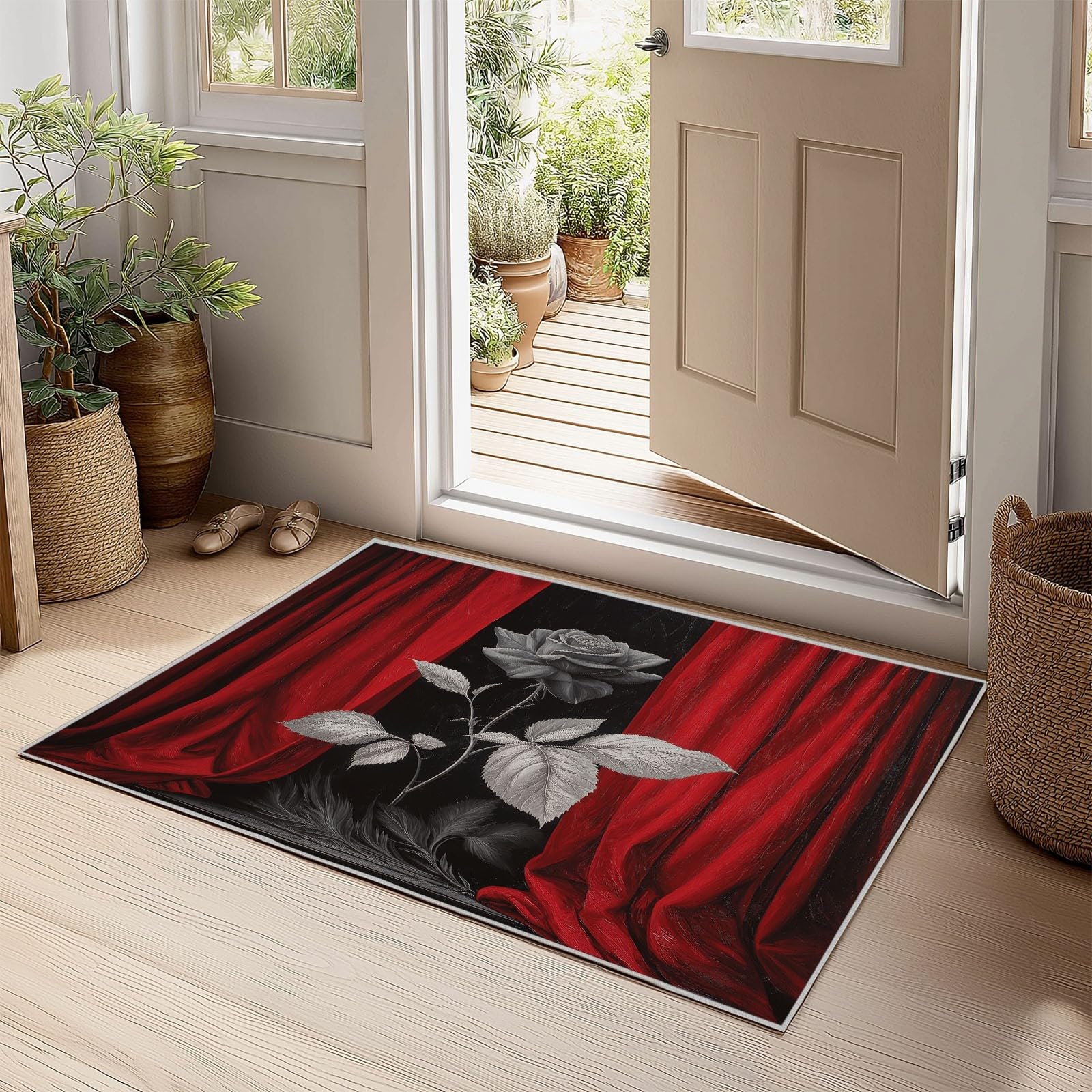 Generisch Teppich 160 x 230cm Weich rutschfest - Rote Vorhänge Schwarze Rosen Druck Muster für Dekoration Schlafzimmer Kinderzimmer Esszimmer Paarzimmer Kurzflor