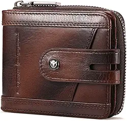 Carteira masculina de couro genuíno com zíper, vintage, bloqueio RFID, grande capacidade, com 14 compartimentos para cartão de crédito e 1 janela para identidade T23, Café, Carteira
