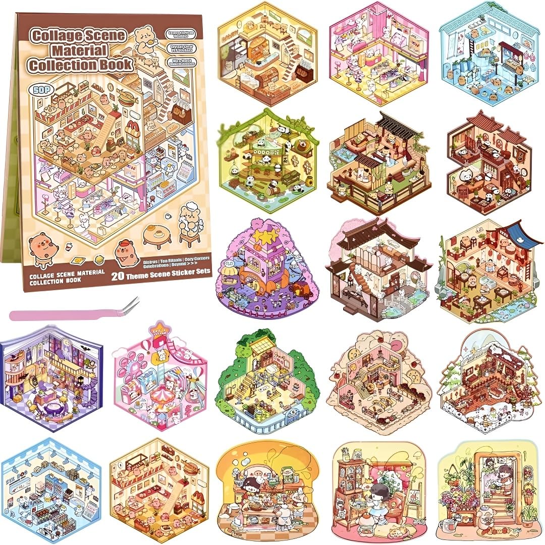 Crudetea3d シールシーンブック(大人と子供向け)、20種類のDIYハウスステッカー癒しセット——手作りのオリジナルハウスと部屋の風景シーンを創作、女の子向け楽しいギフトアイデア