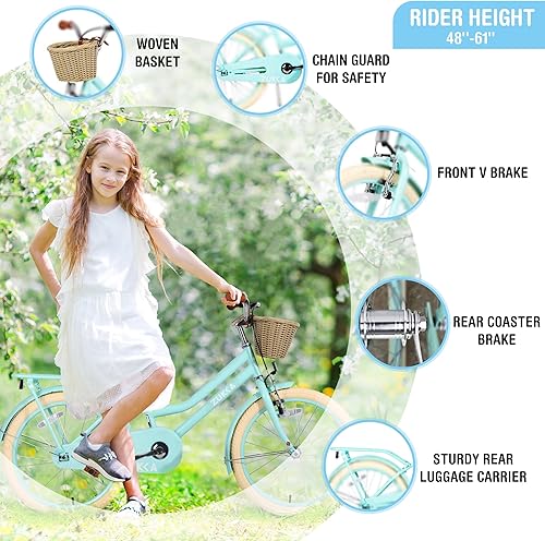 Miniatura 4 de ZUKKA Bicicleta para niños de 2024 pulgadas con cesta de una sola velocidad, freno delantero en V y freno trasero para niños mayores de 7 años,